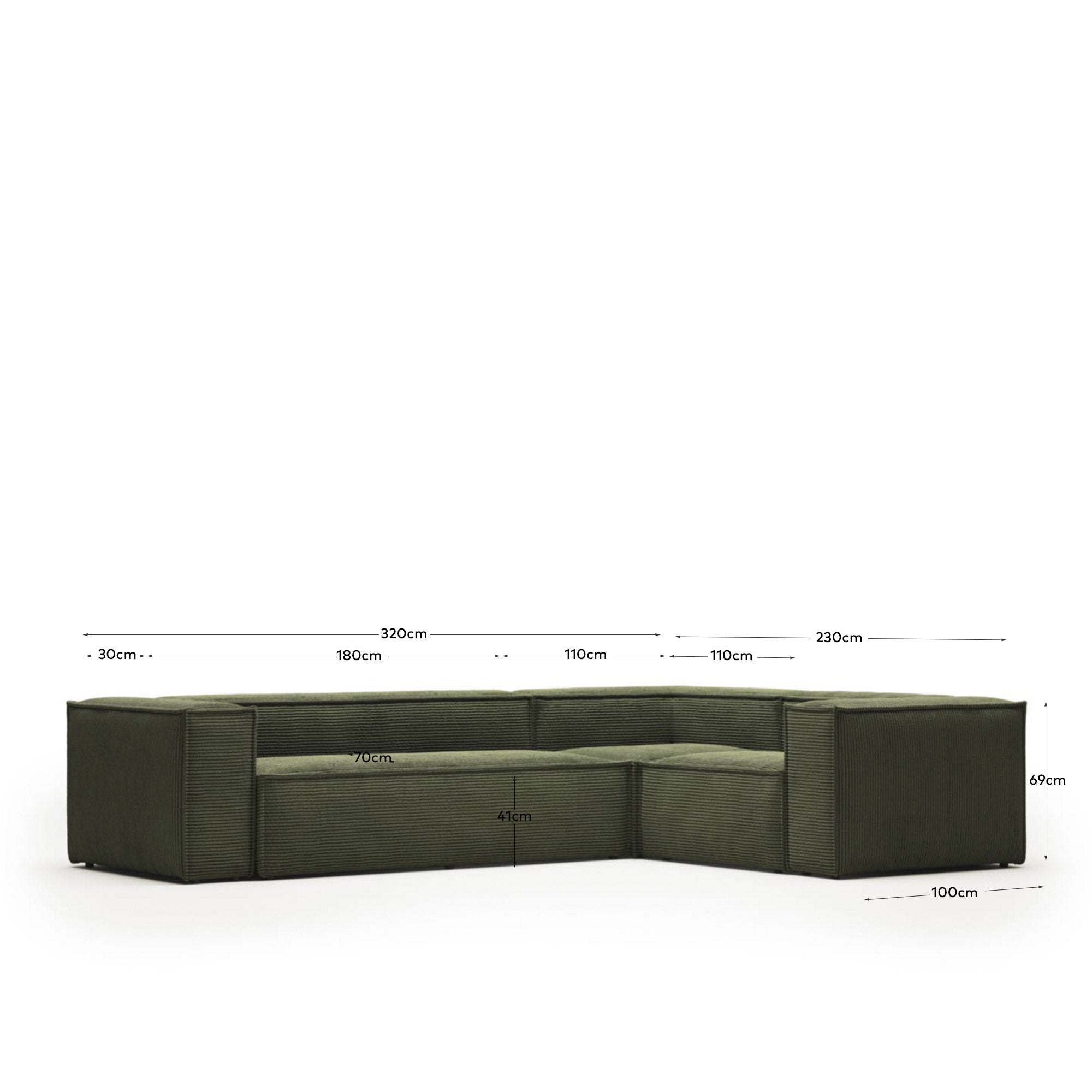 4-Sitzer-Ecksofa Blok, schwer entflammbar mit dickem, grünem Cord, 320 x 230 cm / 230 x 320 cm, FSC Mix Credit in Grün präsentiert im Onlineshop von KAQTU Design AG. Ecksofa ist von Kave Home