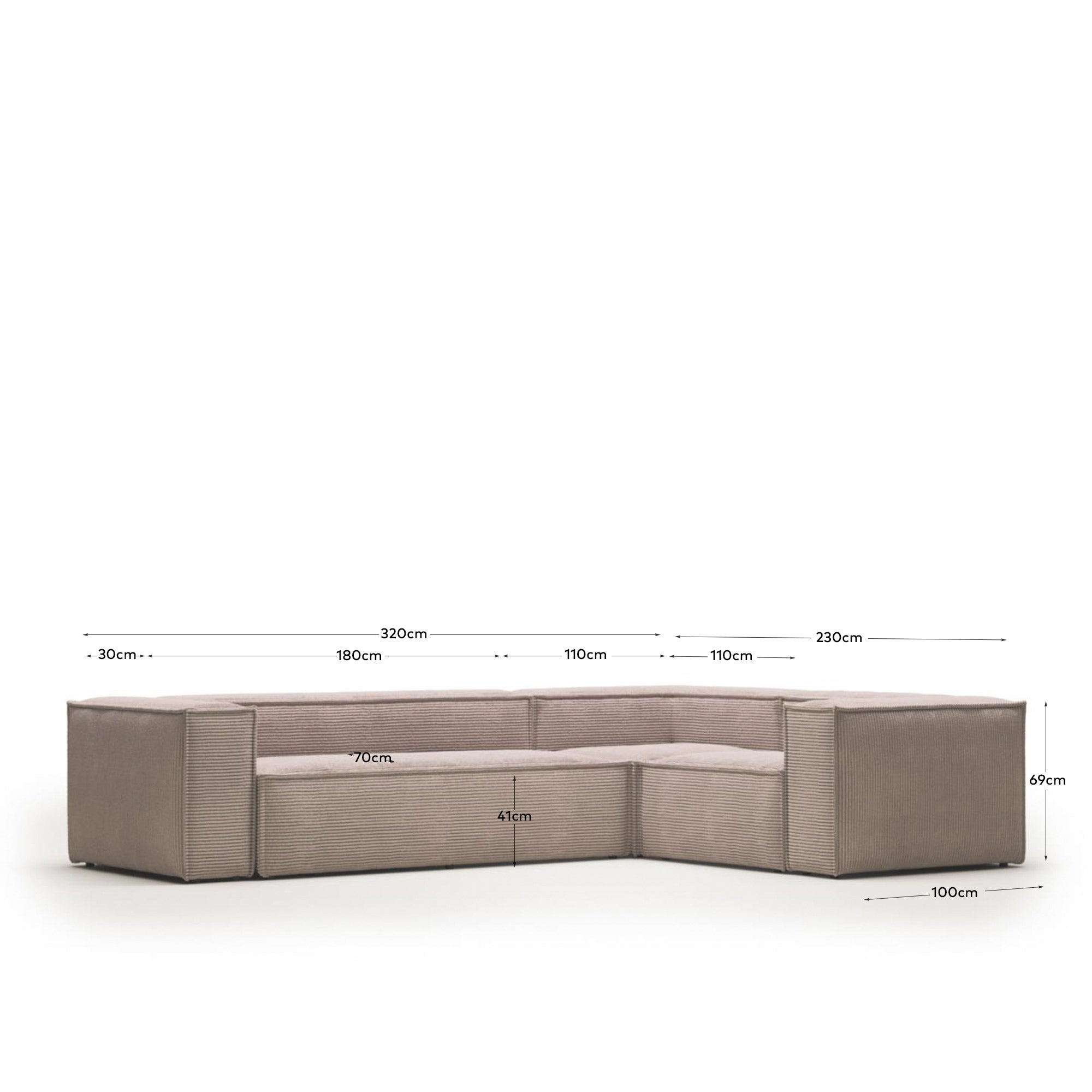 Blok 4-Sitzer-Ecksofa breiter Cord rosa 320 x 230 cm / 230 x 320 cm FR in Rosa präsentiert im Onlineshop von KAQTU Design AG. Ecksofa ist von Kave Home