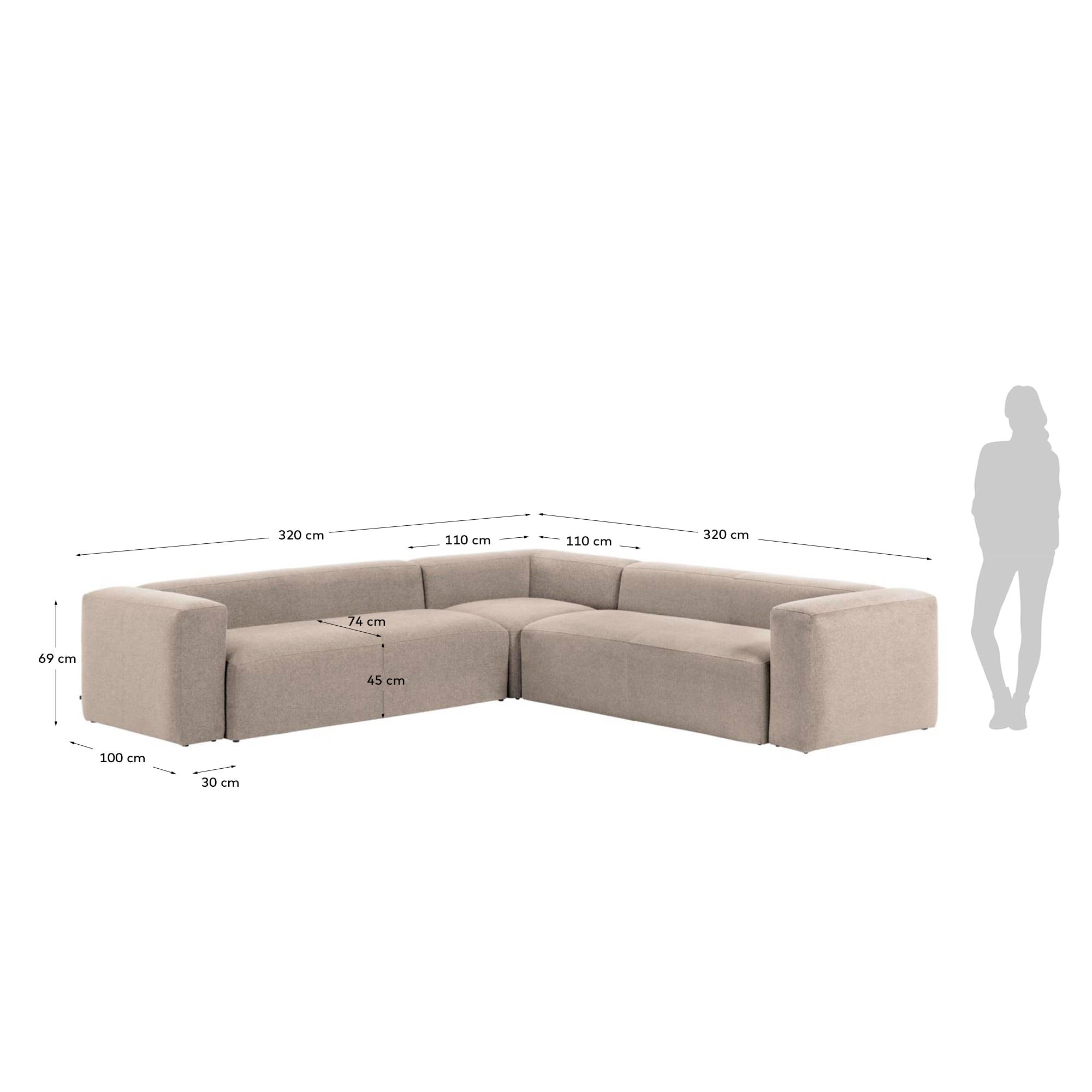 Elegantes, beiges Ecksofa von Kave Home, 320x320 cm, FSC-zertifiziert, bietet Komfort und Nachhaltigkeit für Ihr Wohnzimmer.