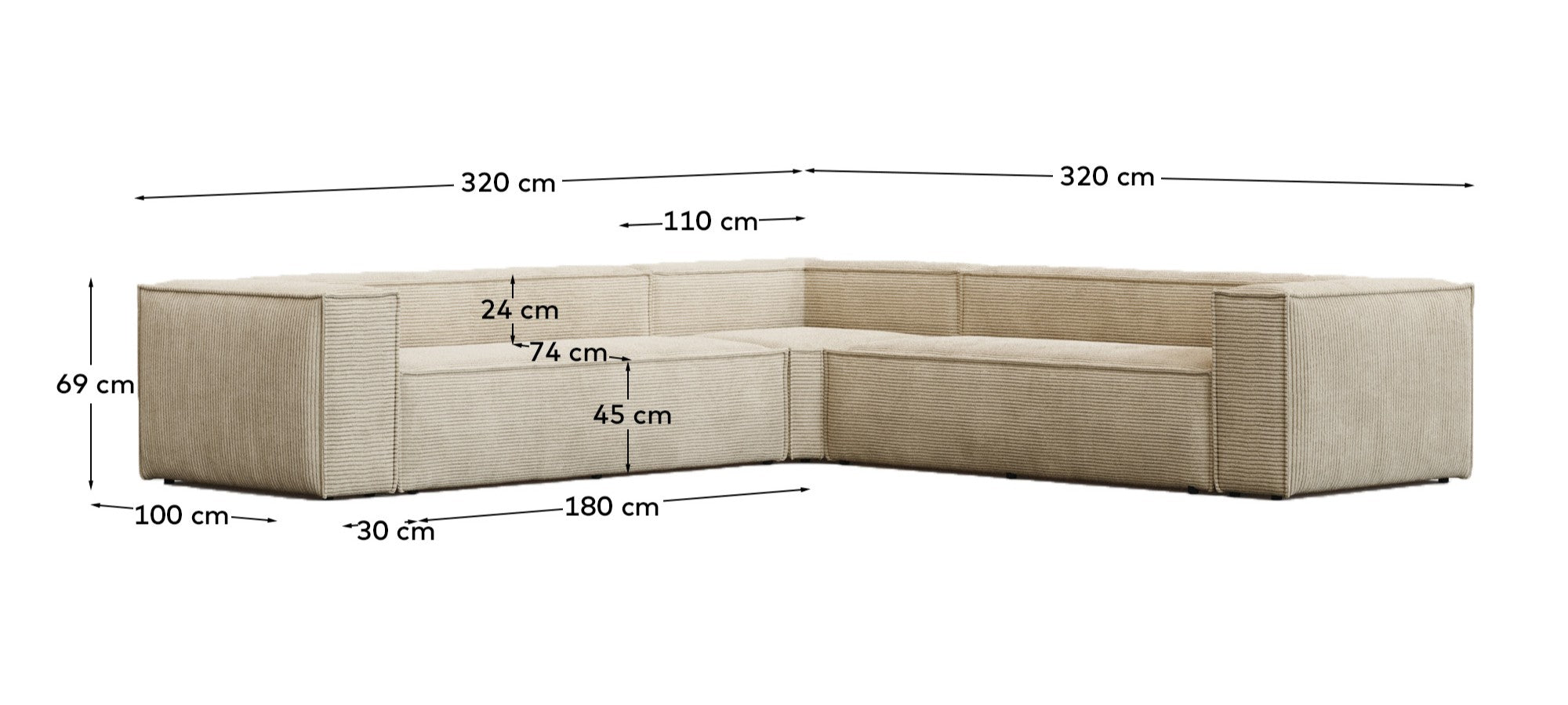 6-Sitzer-Ecksofa Blok schwer entflammbar mit dickem Cord in Ecru 320 x 320 cm FSC Mix Credit in Ecru präsentiert im Onlineshop von KAQTU Design AG. Ecksofa ist von Kave Home