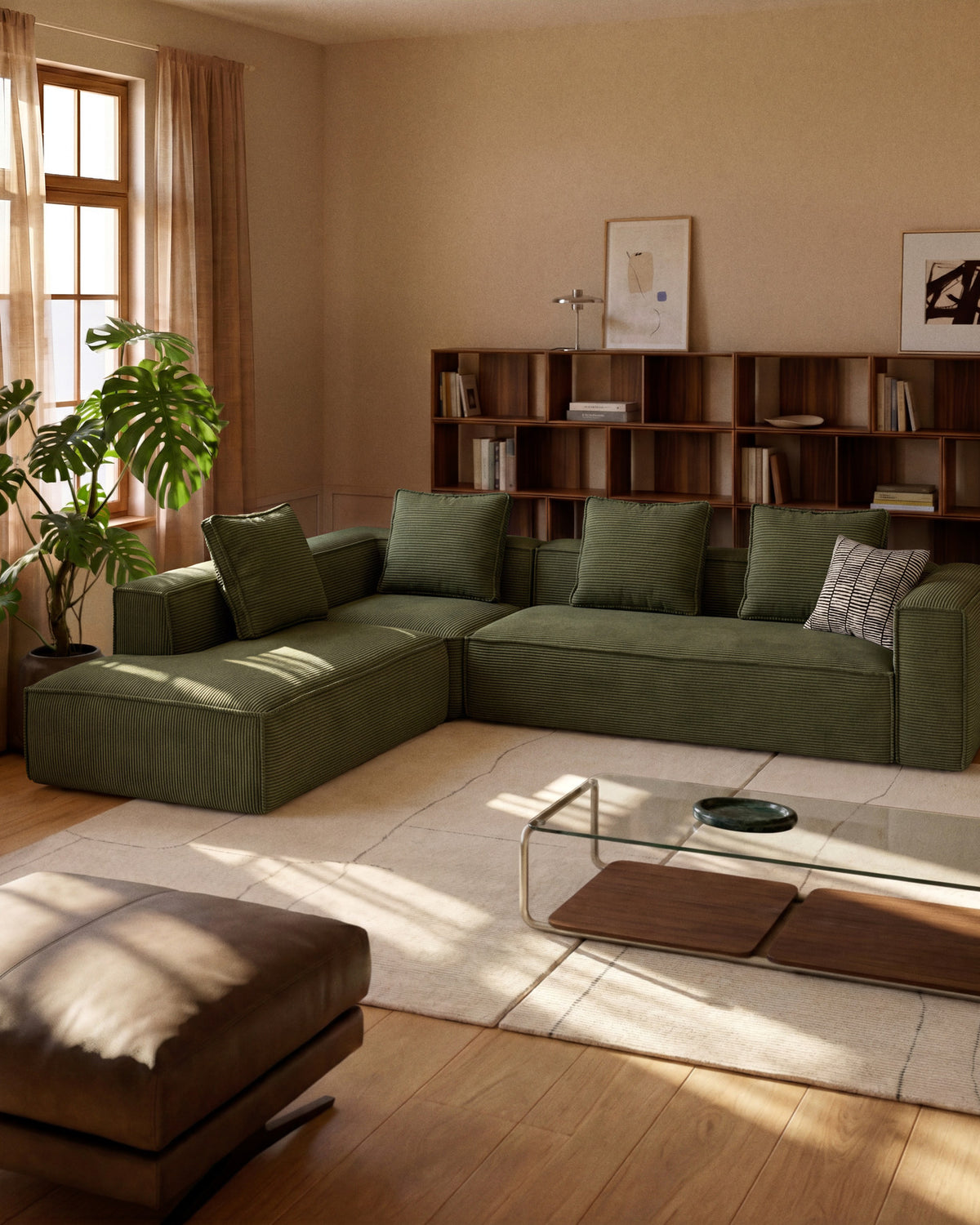 5-Sitzer-Ecksofa Blok mit Randmodul links in grobem grünem Cord, 255 x 320 cm, FSC Mix Credit in Grün präsentiert im Onlineshop von KAQTU Design AG. L-Sofa links ist von Kave Home