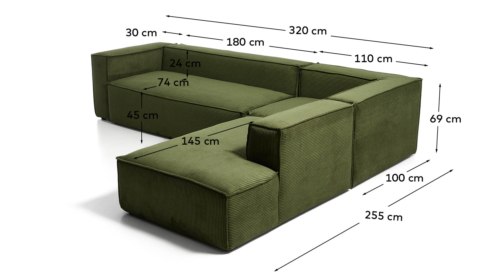 5-Sitzer-Ecksofa Blok mit Randmodul links in grobem grünem Cord, 320 x 255 cm, FSC Mix Credit in Grün präsentiert im Onlineshop von KAQTU Design AG. L-Sofa links ist von Kave Home