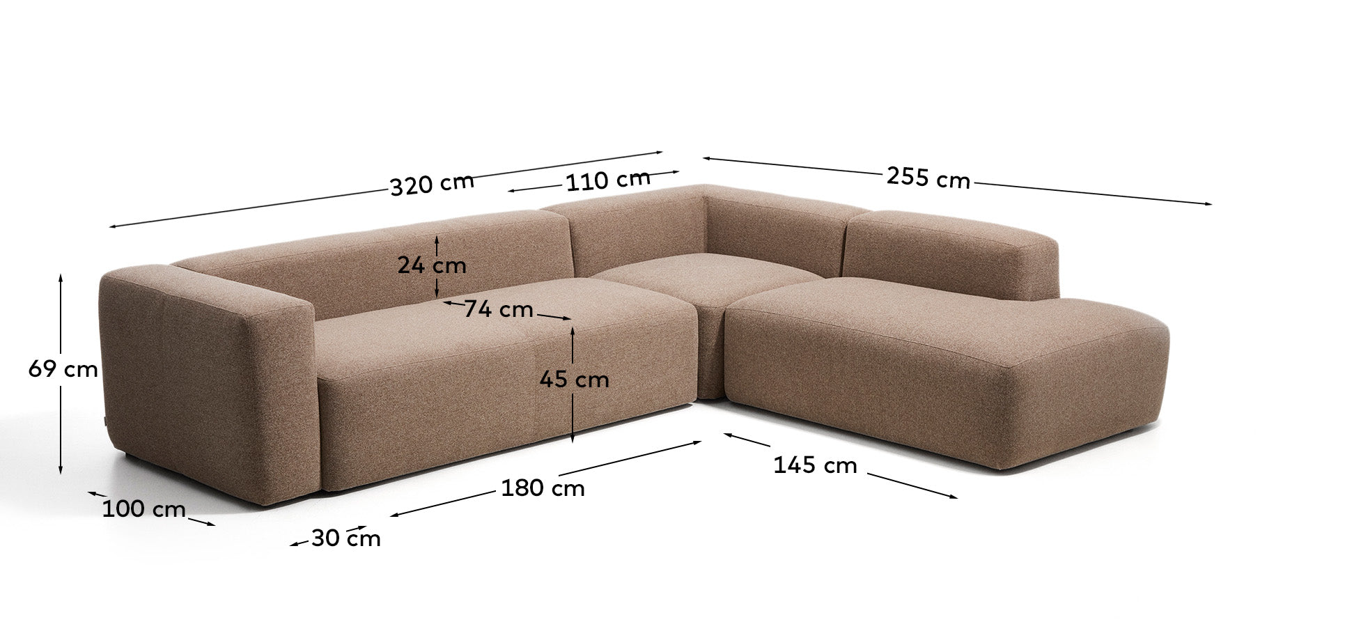 5-Sitzer-Ecksofa Blok mit Randmodul links in brauner Chenille, 320 x 255 cm, FSC Mix Credit in Taupe präsentiert im Onlineshop von KAQTU Design AG. L-Sofa links ist von Kave Home