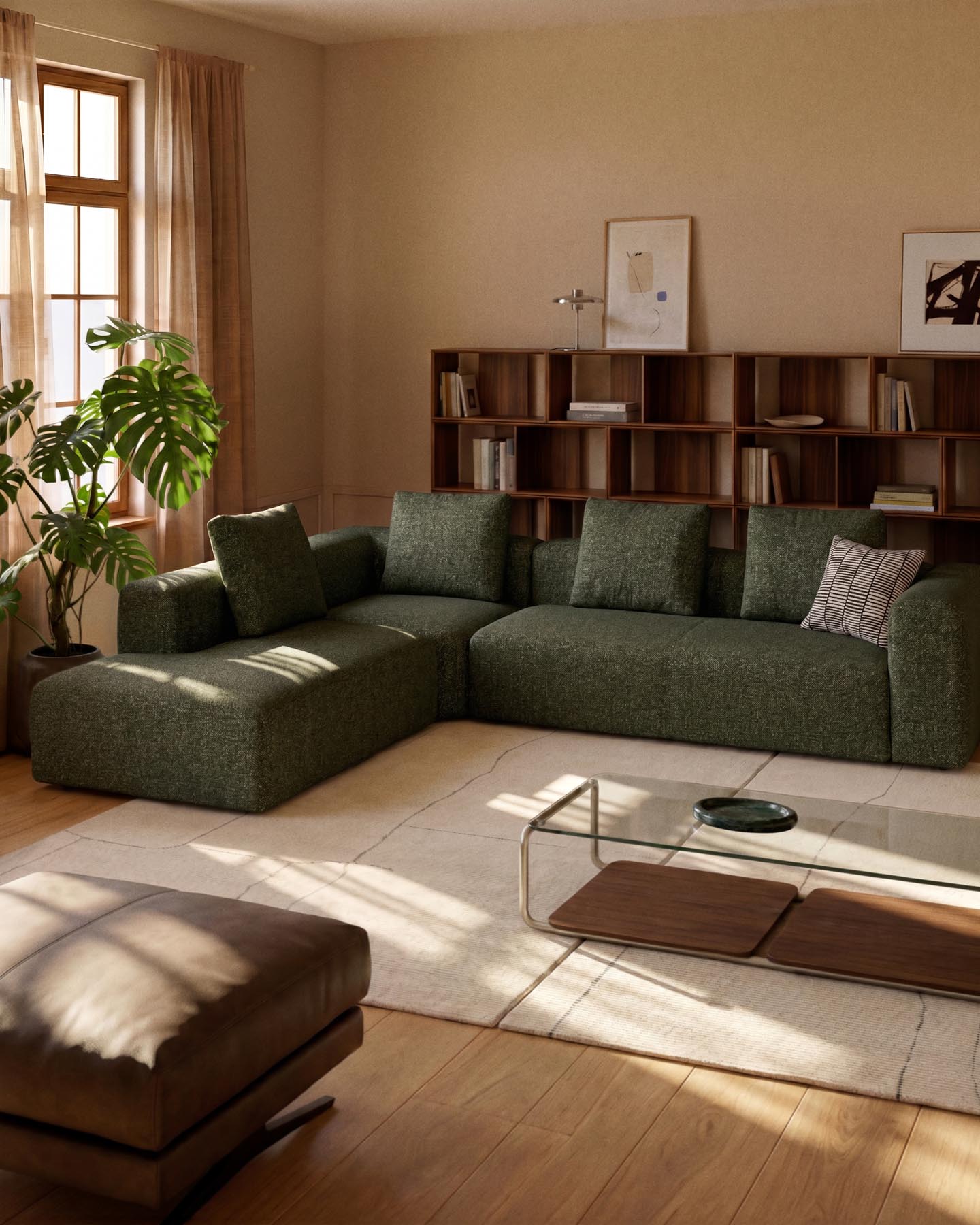 5-Sitzer-Ecksofa Blok mit Randmodul links in moosgrüner Chenille, 320 x 255 cm, FSC Mix Credit in Grün präsentiert im Onlineshop von KAQTU Design AG. L-Sofa links ist von Kave Home