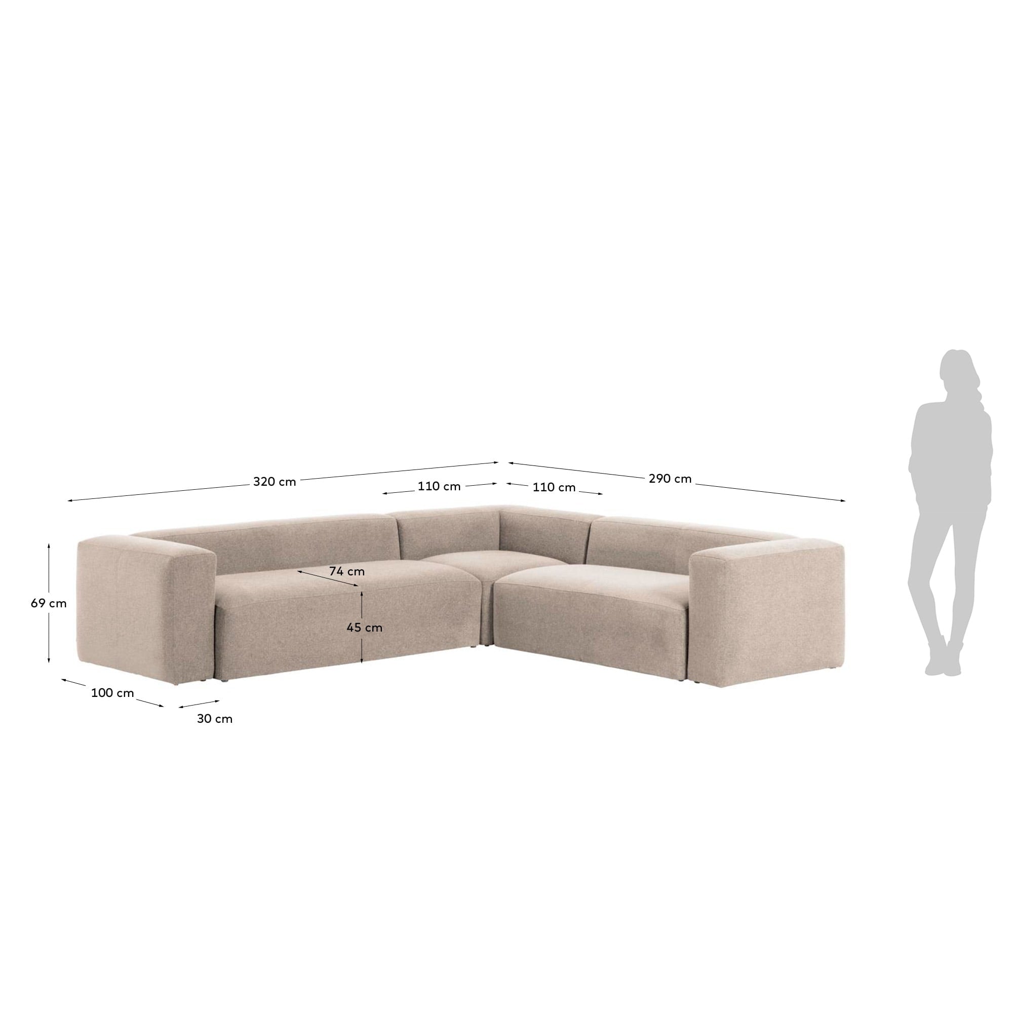 Elegantes Ecksofa in Beige, 5-Sitzer, 320x290 cm, komfortabel und stilvoll, ideal für moderne Wohnräume.