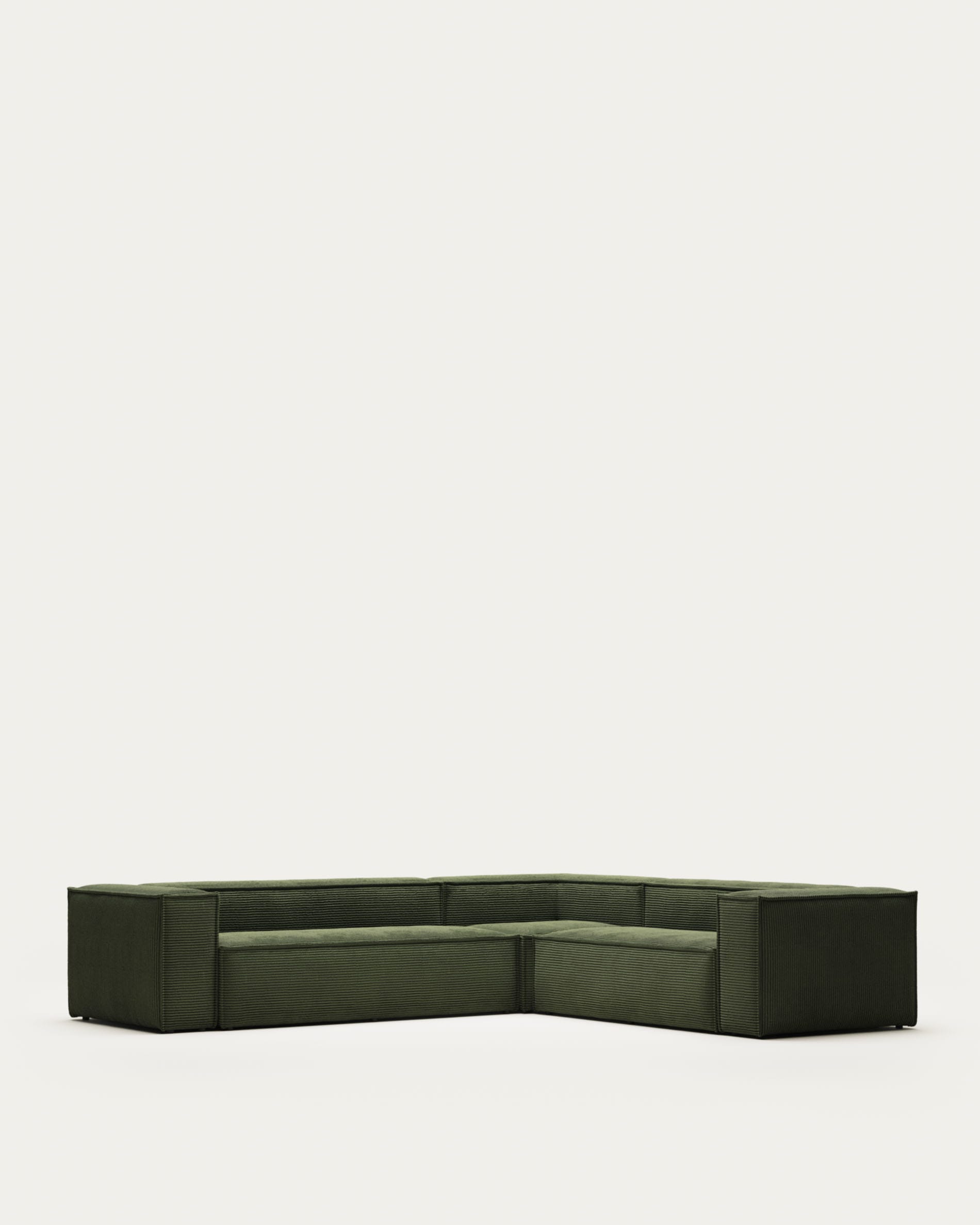 Elegantes, grünes Blok 5-Sitzer-Ecksofa aus breitem Cord, FSC-zertifiziert, modular, stilvoll und umweltfreundlich.