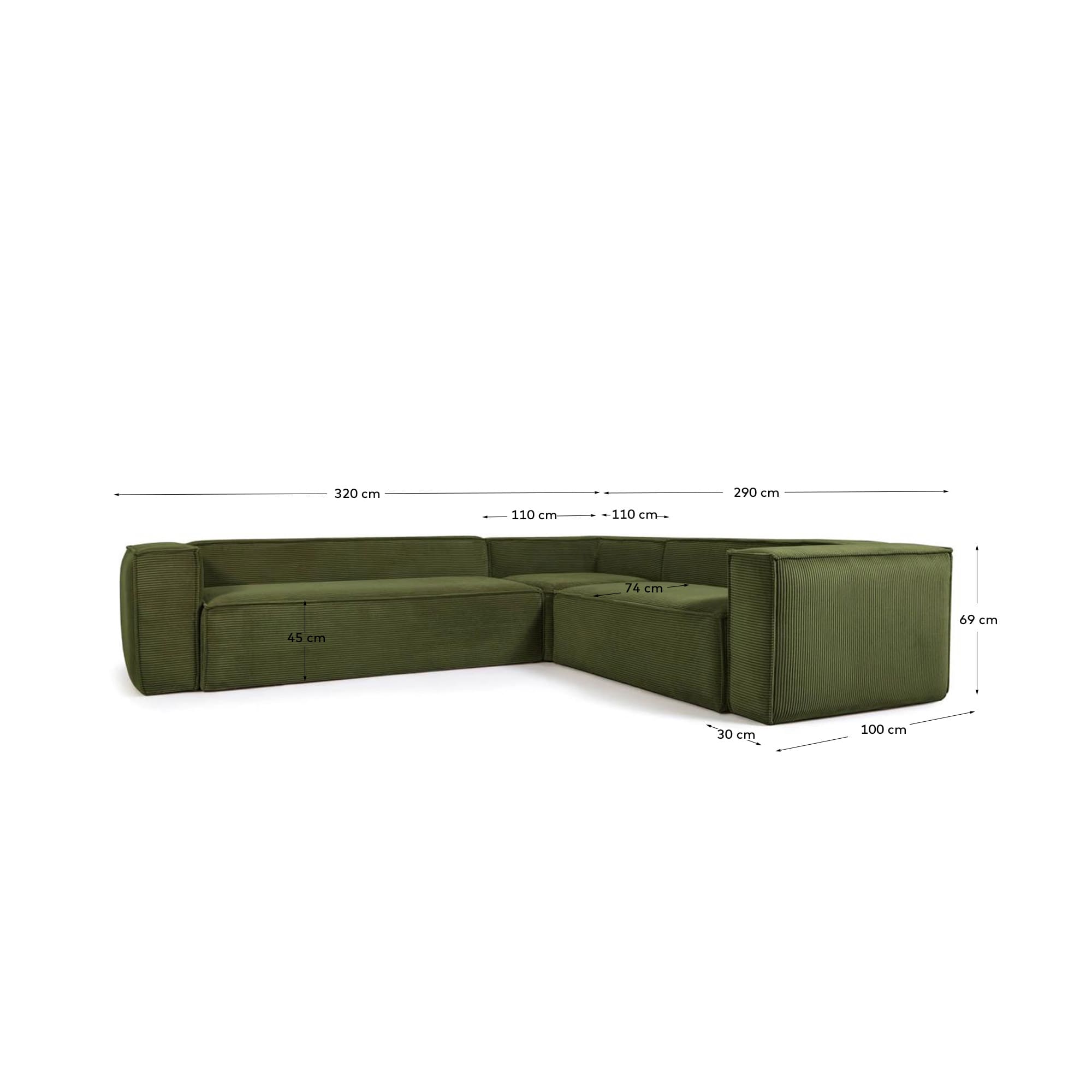 Erleben Sie das Blok 5-Sitzer-Ecksofa in luxuriösem, grünem Cord. Ideal für gesellige Runden, bietet es stilvollen Komfort und Flexibilität.