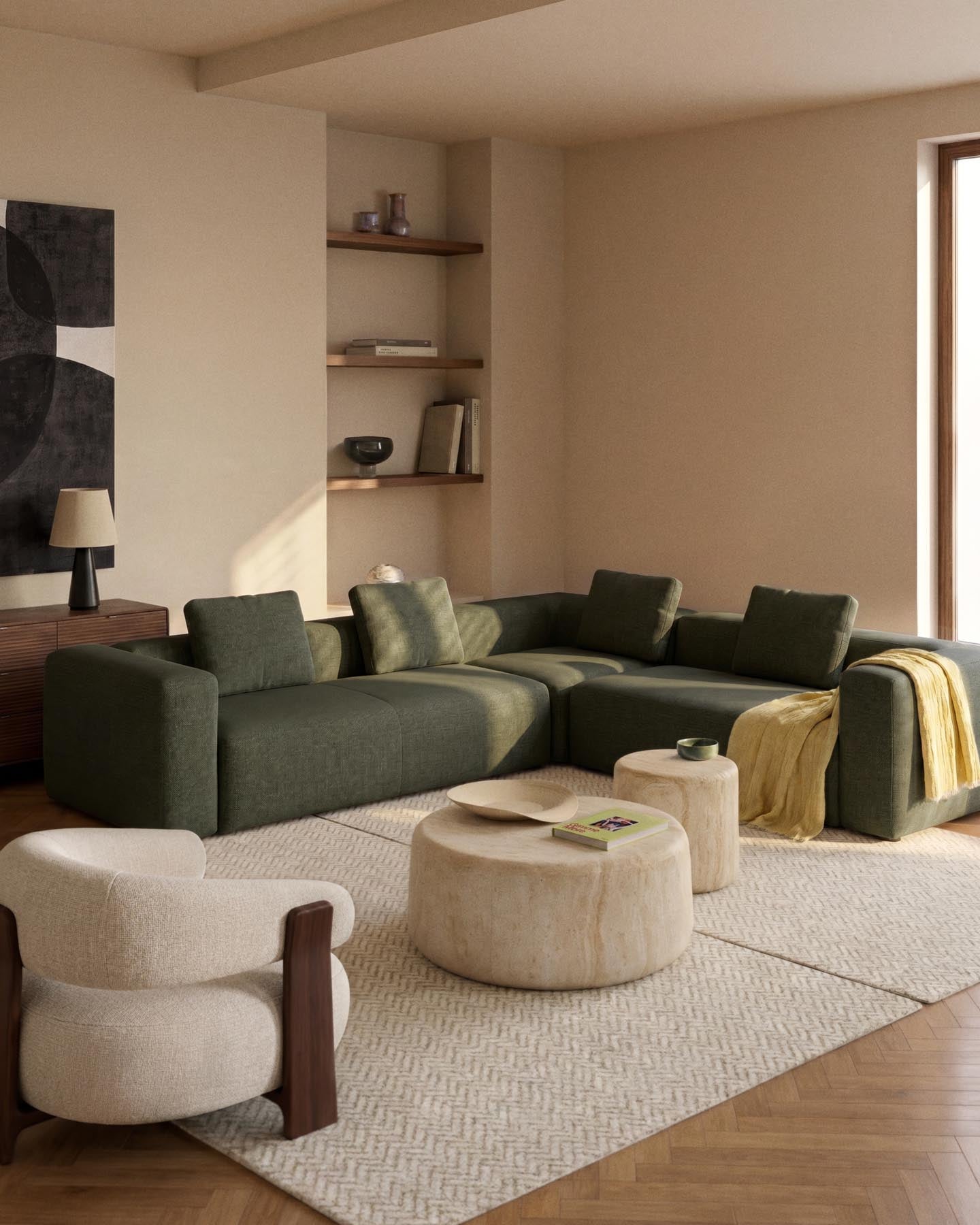 5-Sitzer-Ecksofa Blok in moosgrüner Chenille, 320 x 290 cm / 290 x 320 cm, FSC Mix Credit in Grün präsentiert im Onlineshop von KAQTU Design AG. Ecksofa ist von Kave Home
