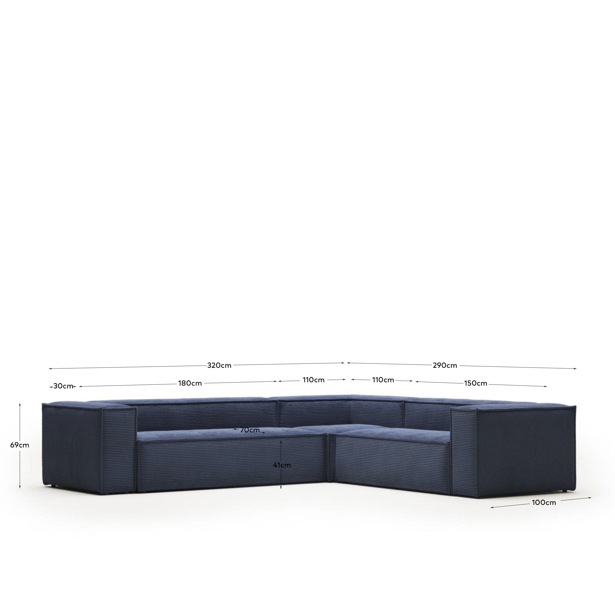 Blok 5-Sitzer-Ecksofa breiter Cord in Blau 320 x 290 / 290 x 320 cm FR in Blau präsentiert im Onlineshop von KAQTU Design AG. Ecksofa ist von Kave Home