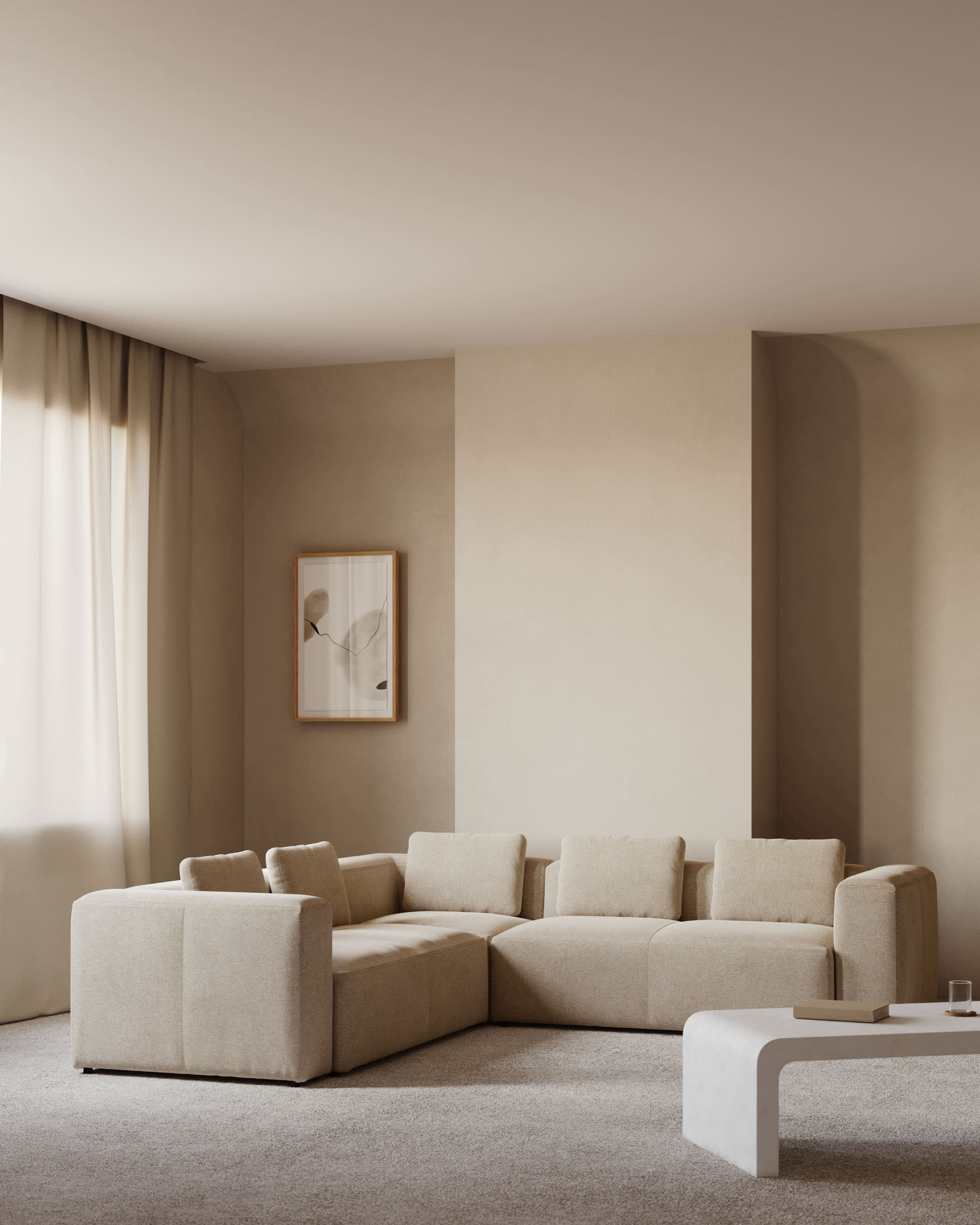 Beige Ecksofa Blok von Kave Home: 4-Sitzer, 290x290 cm, elegantes Design, umweltfreundlich und komfortabel für Ihr Wohnzimmer.