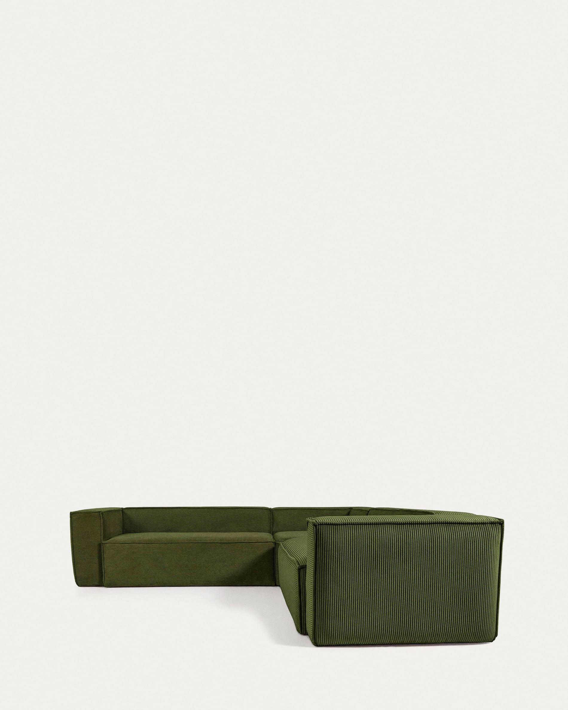 Modernes Ecksofa Blok, 4-Sitzer, in grünem Cord, 290x290 cm, FSC-zertifiziert, stilvoll und komfortabel.