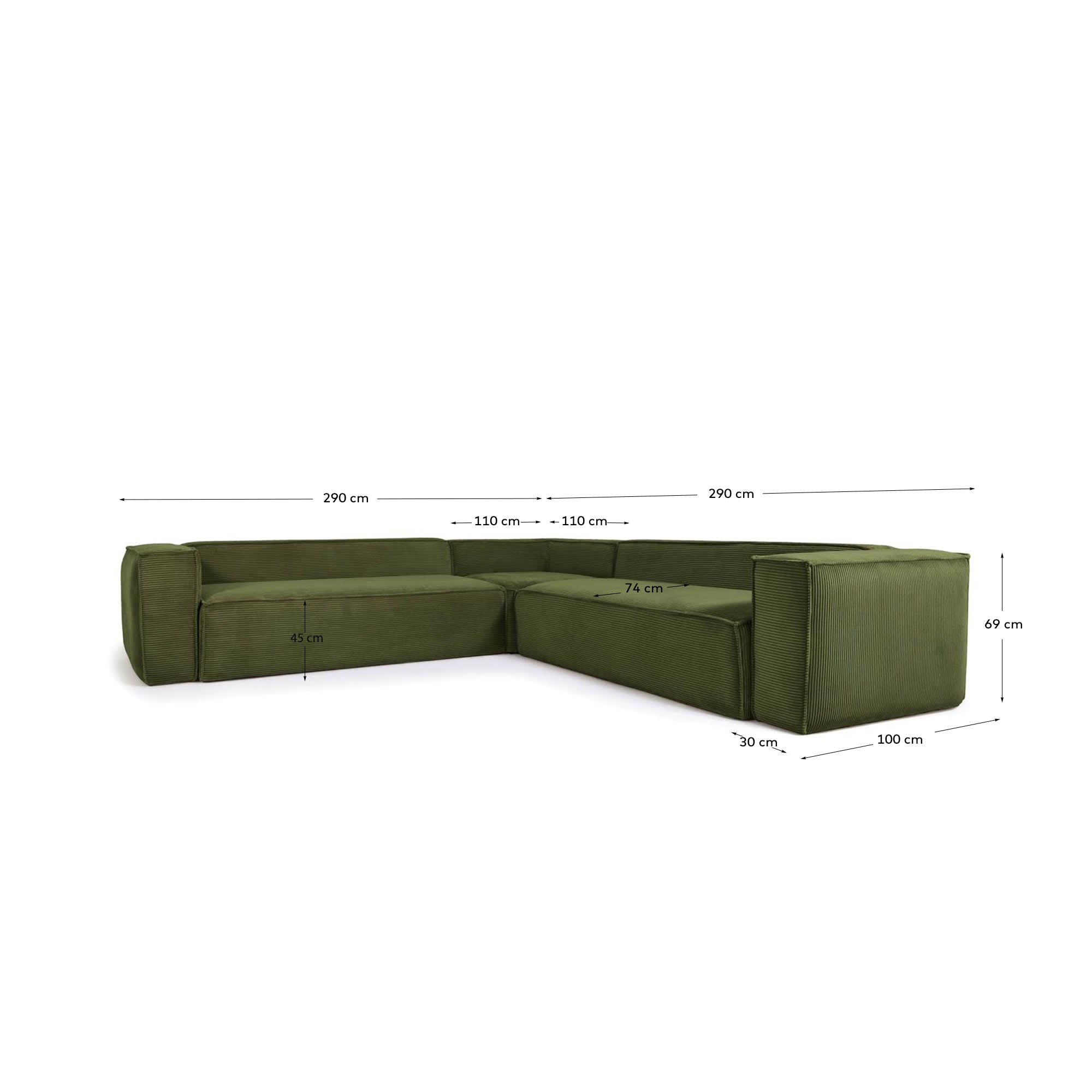 Genießen Sie Komfort und Stil mit dem Blok 4-Sitzer Ecksofa in grünem Cord (290 x 290 cm) – ideal für entspannte Stunden mit Familie und Freunden.
