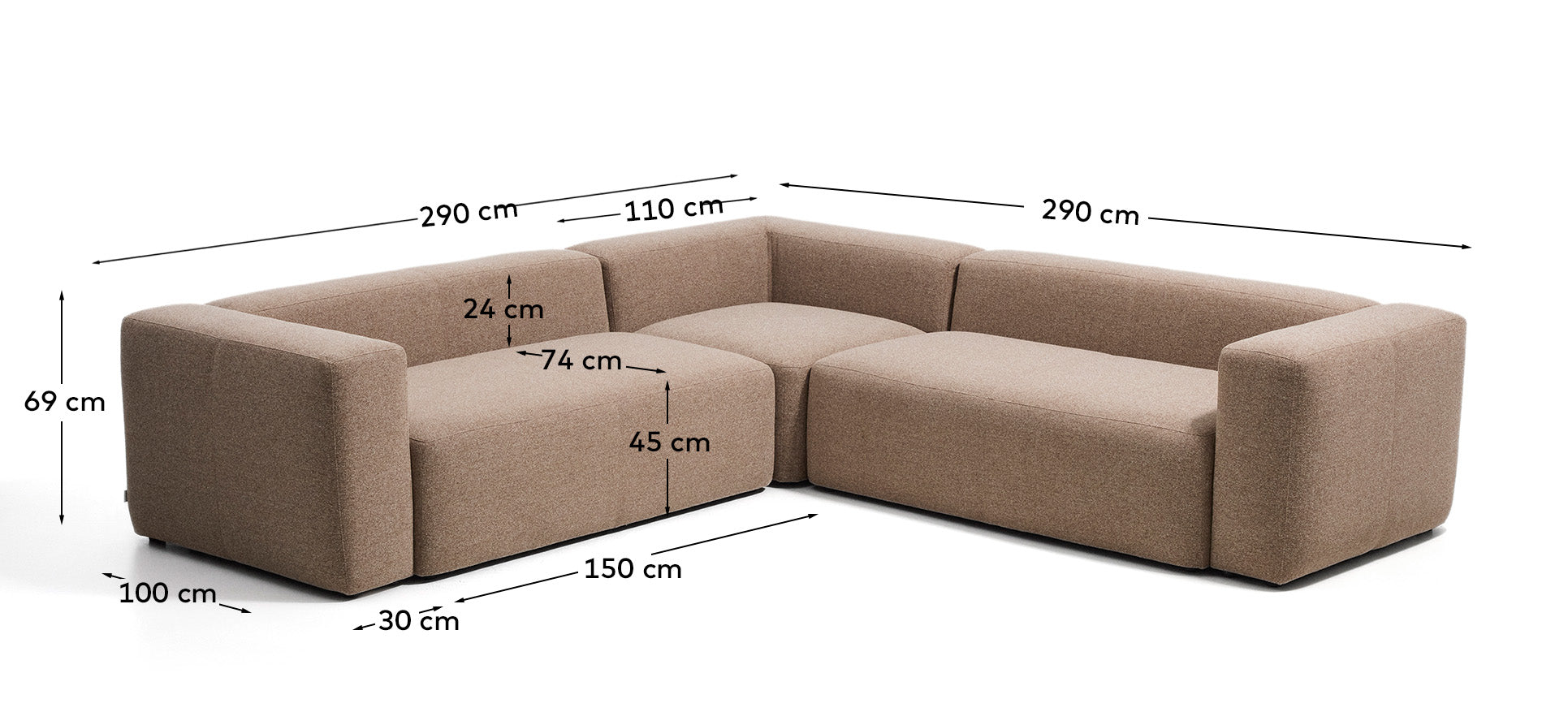 4-Sitzer-Ecksofa Blok in brauner Chenille, 290 x 290 cm, FSC Mix Credit in Taupe präsentiert im Onlineshop von KAQTU Design AG. Ecksofa ist von Kave Home