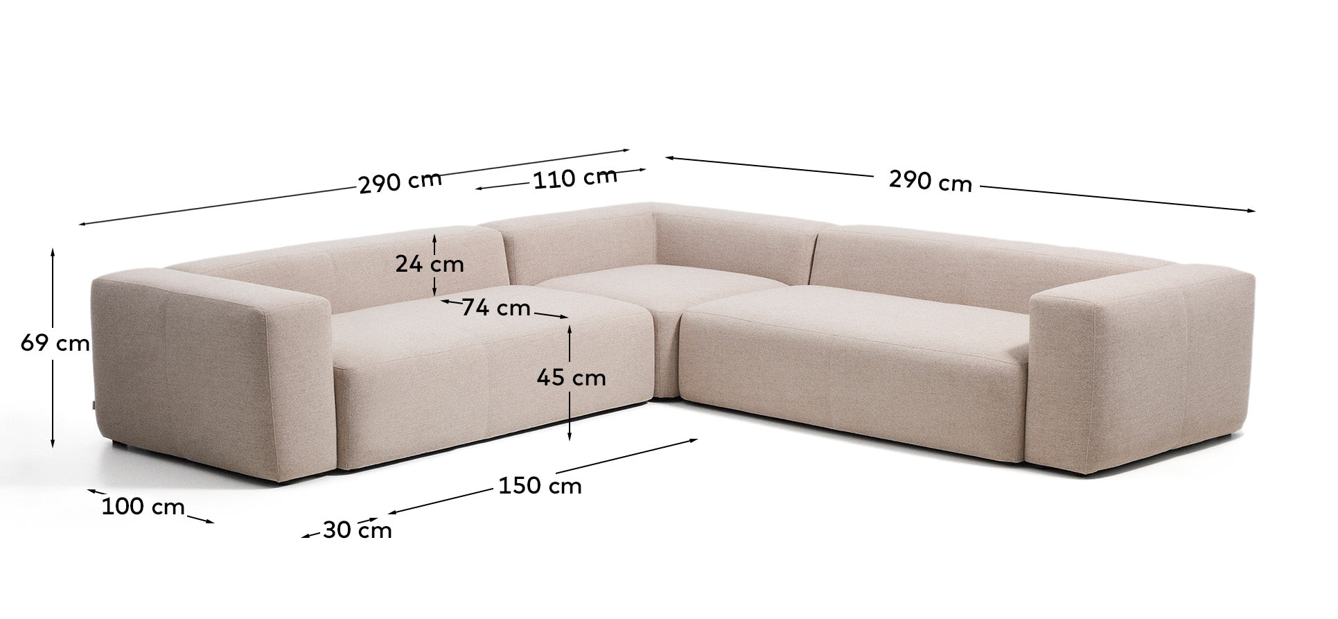 4-Sitzer-Ecksofa Blok in beiger Chenille, 290 x 290 cm, FSC Mix Credit in Beige präsentiert im Onlineshop von KAQTU Design AG. Ecksofa ist von Kave Home