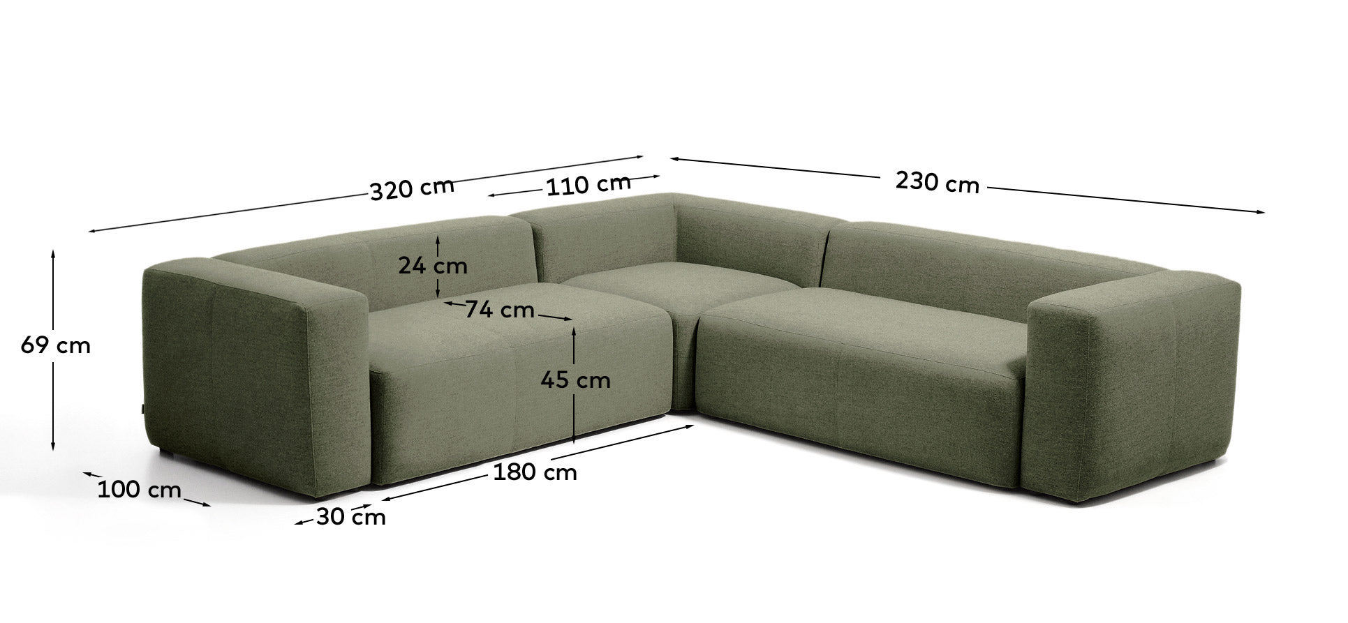 4-Sitzer-Ecksofa Blok in moosgrüner Chenille, 290 x 290 cm, FSC Mix Credit in Grün präsentiert im Onlineshop von KAQTU Design AG. Ecksofa ist von Kave Home