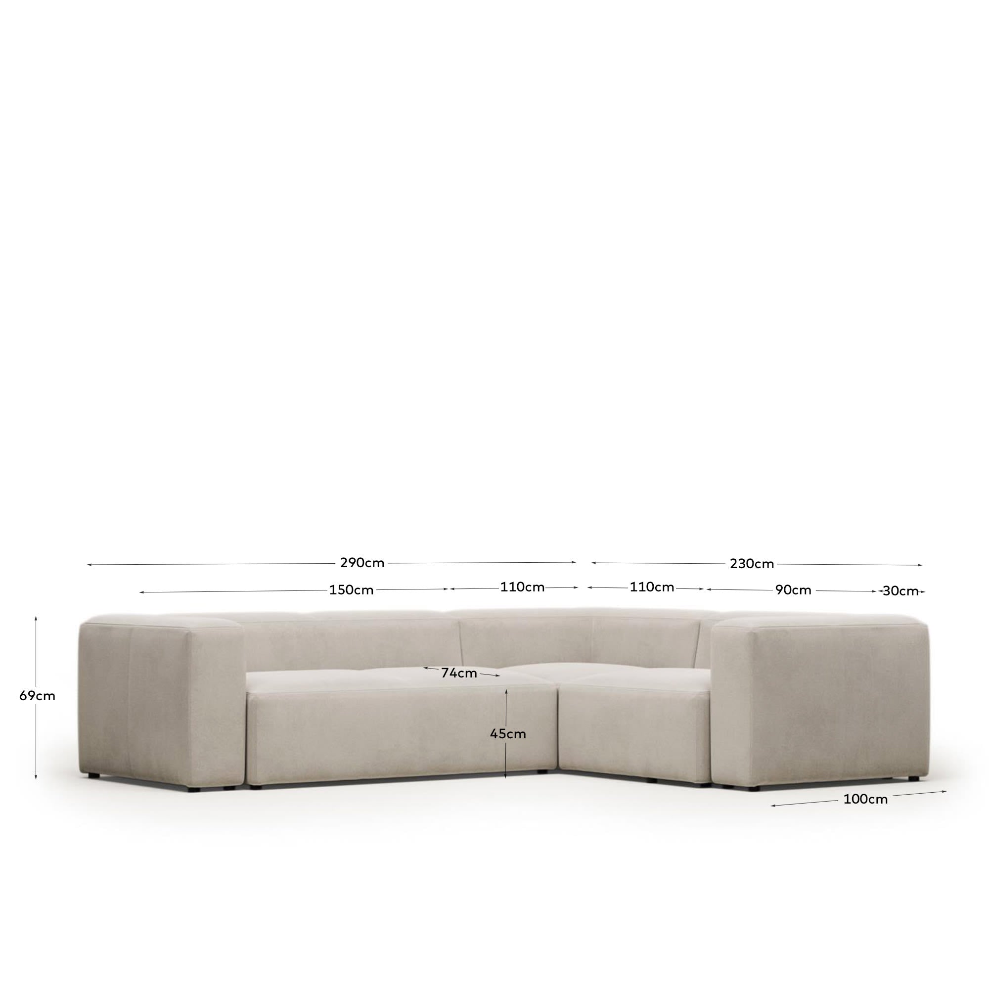 Das elegante Blok Ecksofa in Beige bietet mit 290 x 230 cm viel Platz und Komfort. Hochwertiger Stoff und FSC-zertifiziertes Holz.