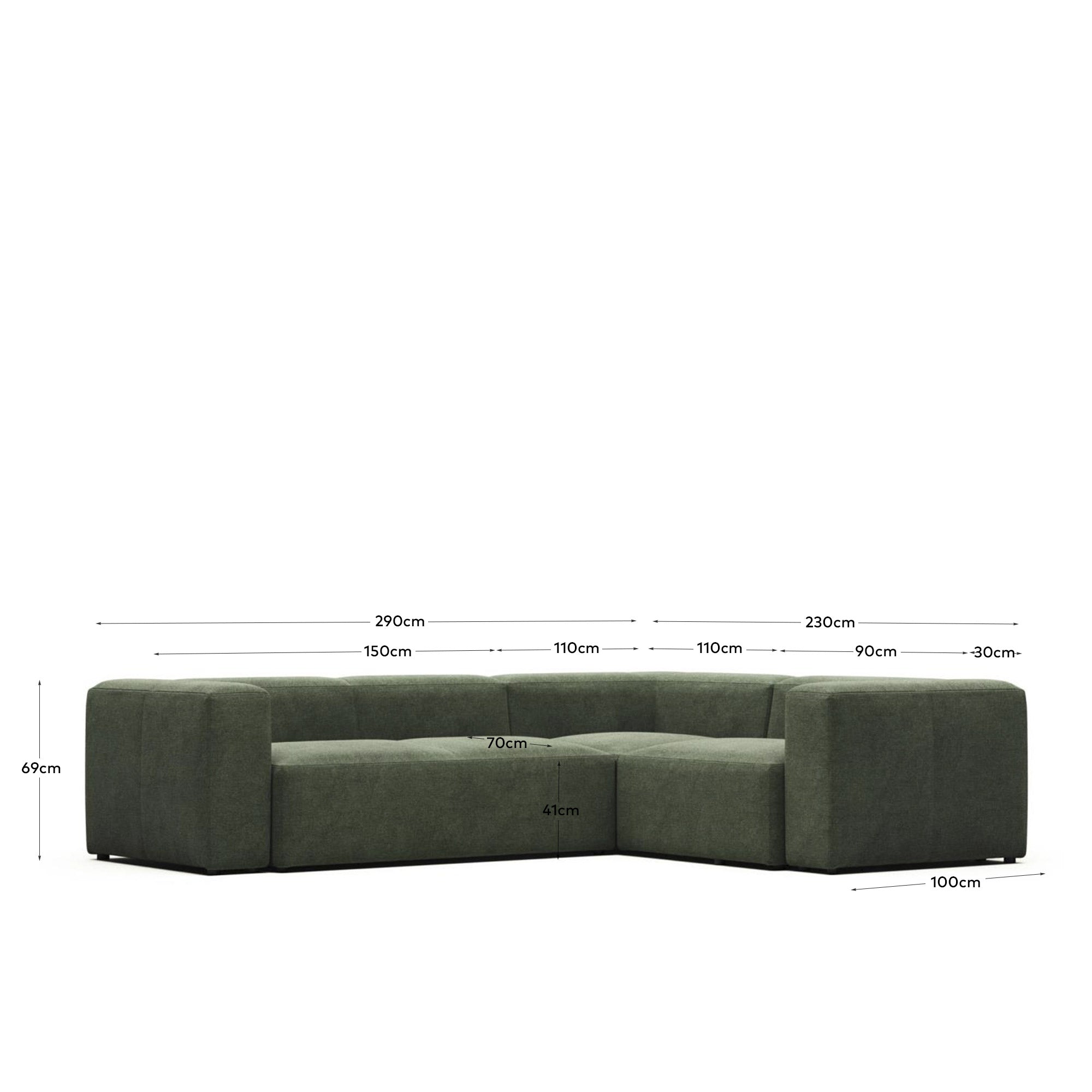 Blok 3-Sitzer Ecksofa grün 290 x 230 cm / 230 cm 290 cm FR in Grün präsentiert im Onlineshop von KAQTU Design AG. Ecksofa ist von Kave Home