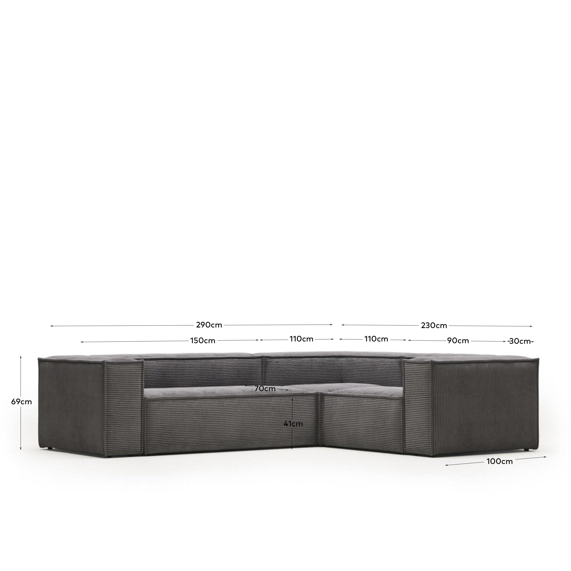 3-Sitzer-Ecksofa Blok, schwer entflammbar mit dickem, grauen Cord, 290 x 230 cm / 230 x 290 cm, FSC Mix Credit in Grau präsentiert im Onlineshop von KAQTU Design AG. Ecksofa ist von Kave Home