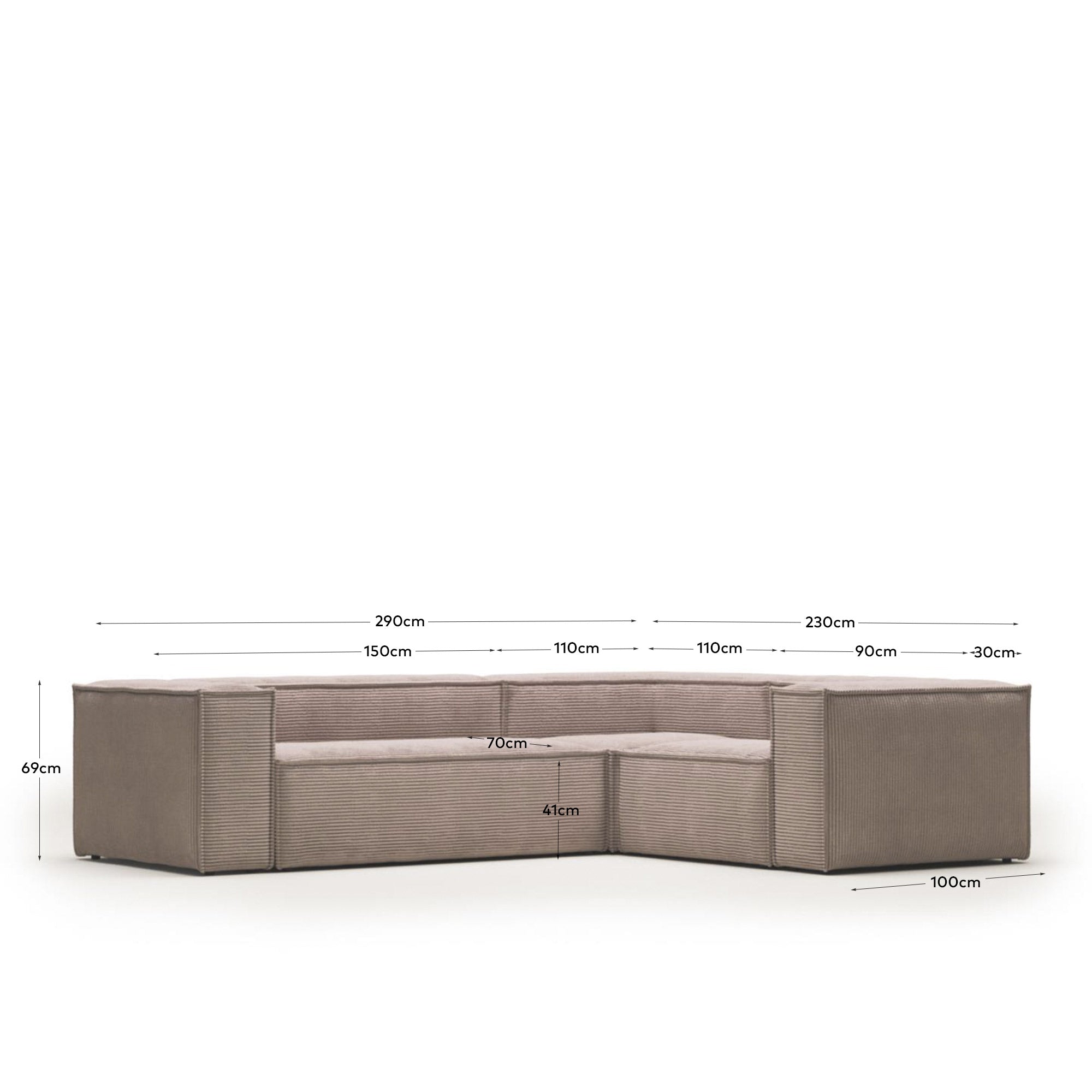 Blok 3-Sitzer-Ecksofa breiter Cord rosa 290 x 230 cm / 230 cm 290 cm FR in Rosa präsentiert im Onlineshop von KAQTU Design AG. Ecksofa ist von Kave Home