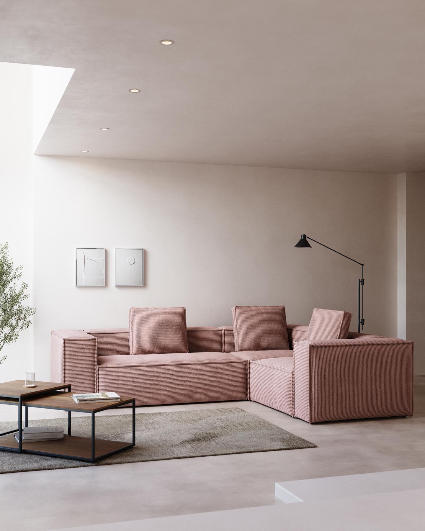 Blok 3-Sitzer-Ecksofa breiter Cord rosa 290 x 230 cm / 230 cm 290 cm FR in Rosa präsentiert im Onlineshop von KAQTU Design AG. Ecksofa ist von Kave Home