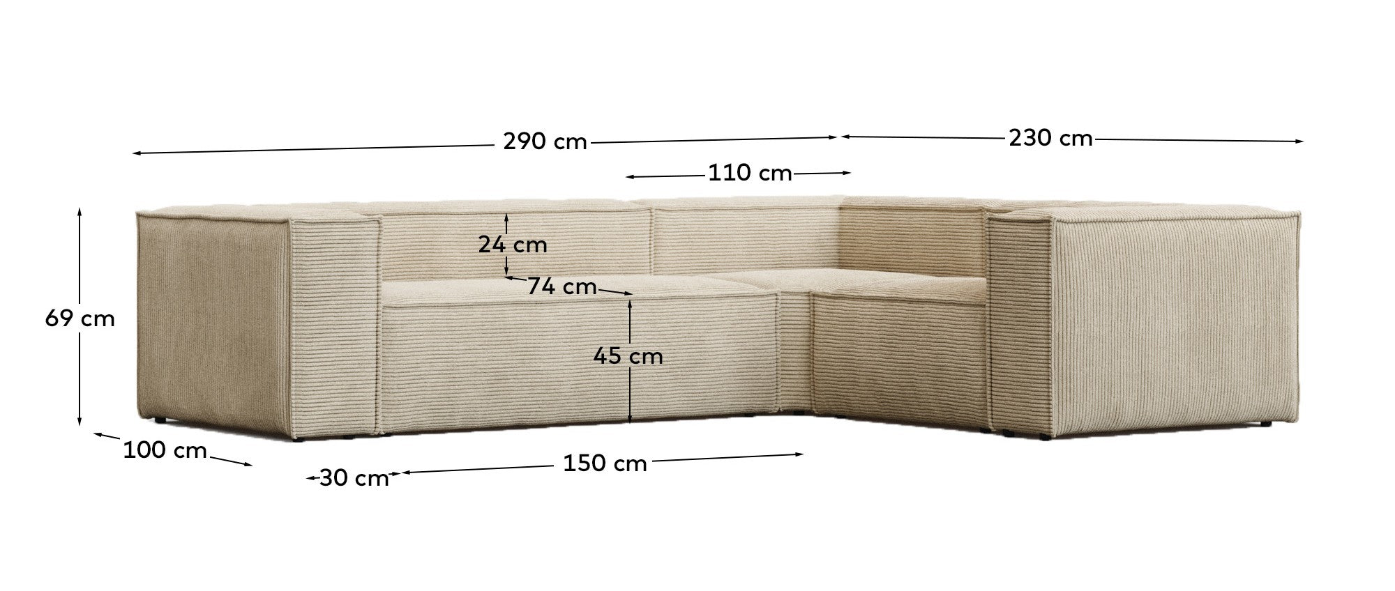 3-Sitzer-Ecksofa Blok schwer entflammbar mit dickem Cord in Ecru 290 x 230 cm / 230 x 290 cm FSC Mix Credit in Ecru präsentiert im Onlineshop von KAQTU Design AG. Ecksofa ist von Kave Home