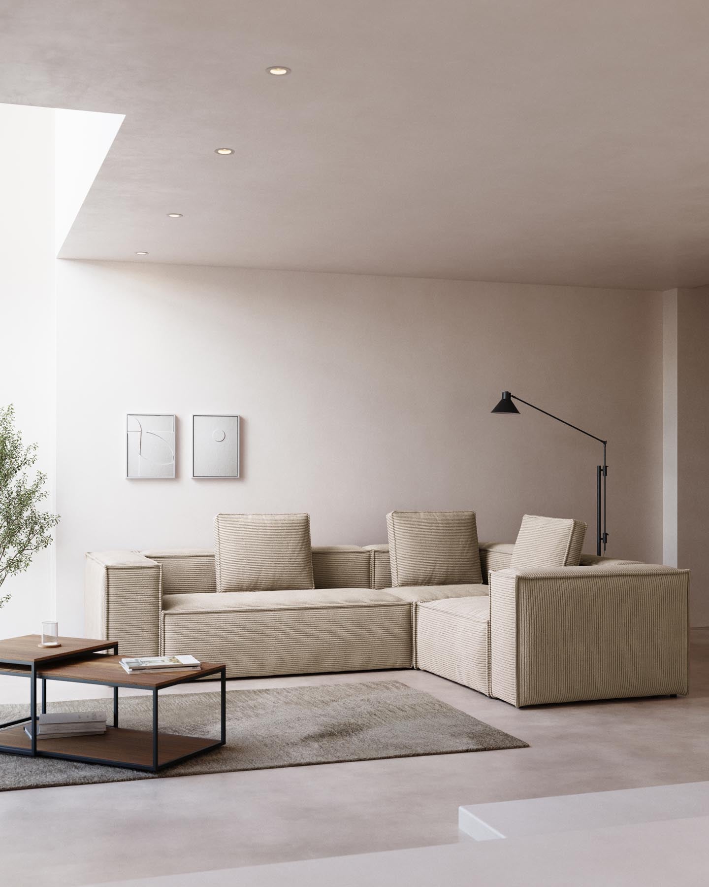 3-Sitzer-Ecksofa Blok schwer entflammbar mit dickem Cord in Ecru 290 x 230 cm / 230 x 290 cm FSC Mix Credit in Ecru präsentiert im Onlineshop von KAQTU Design AG. Ecksofa ist von Kave Home