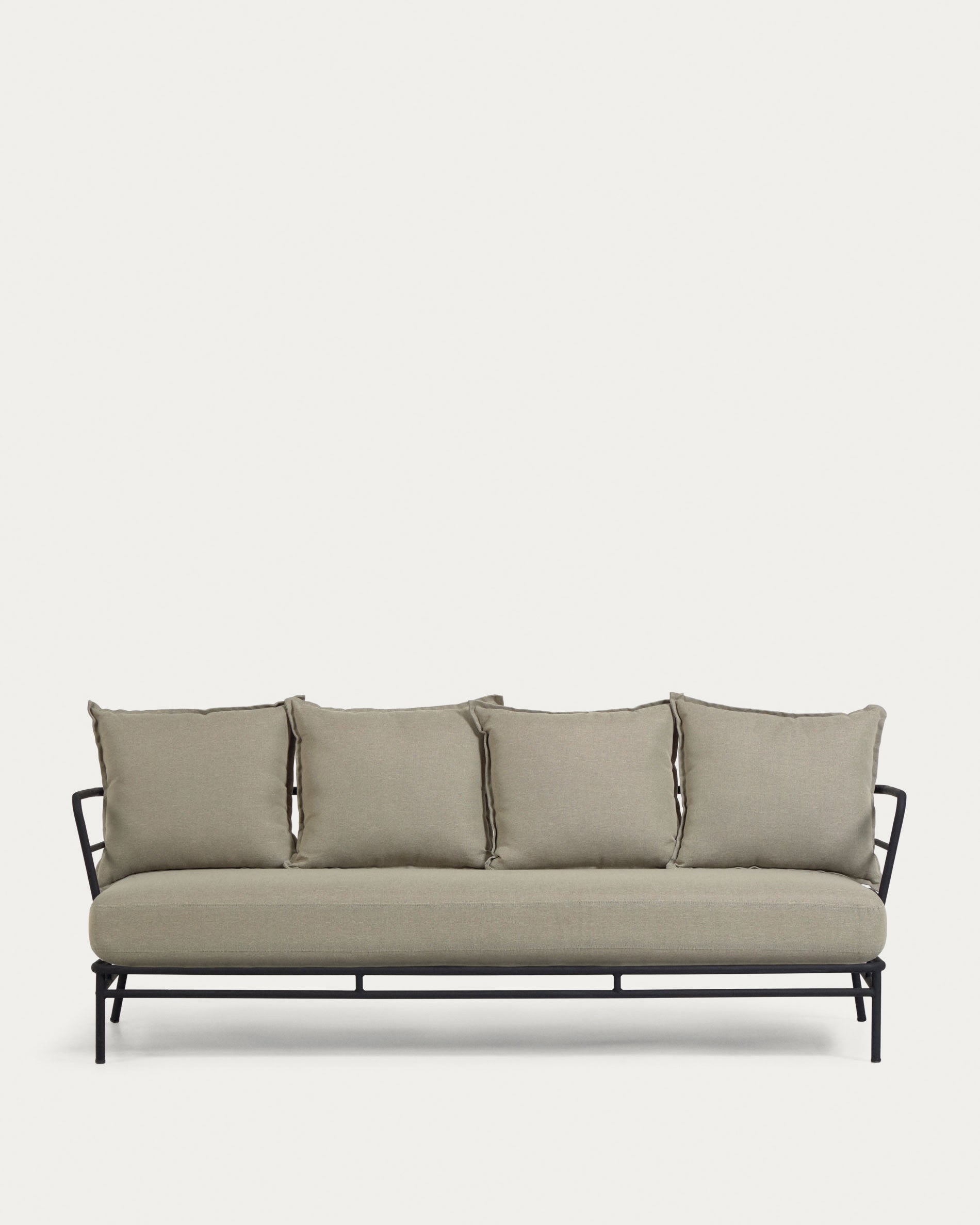 3D-Modell des eleganten Mareluz 3-Sitzersofas aus schwarzem Stahl, ideal für stilvollen Komfort drinnen und draussen.