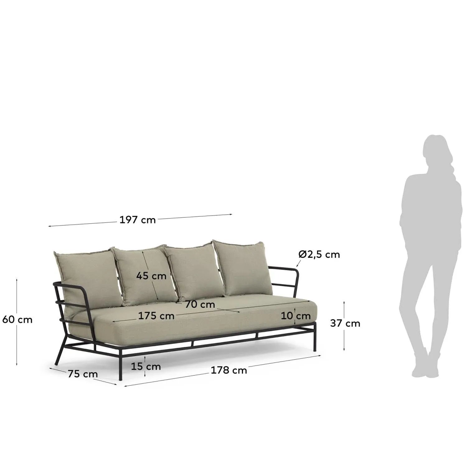 Mareluz Sofa: Stilvoller 3-Sitzer aus robustem Stahl, 197 cm.