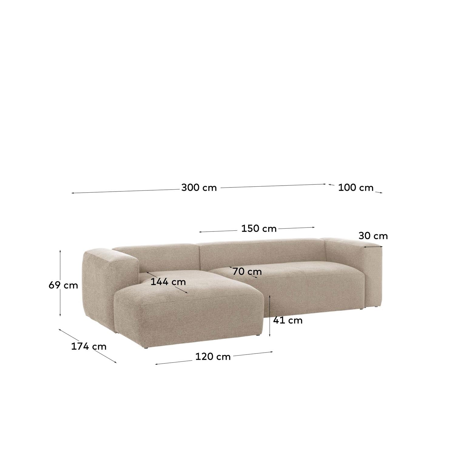 Blok 3-Sitzer Sofa mit Chaiselongue links in beige 300 cm in Beige präsentiert im Onlineshop von KAQTU Design AG. 3er Sofa ist von Kave Home