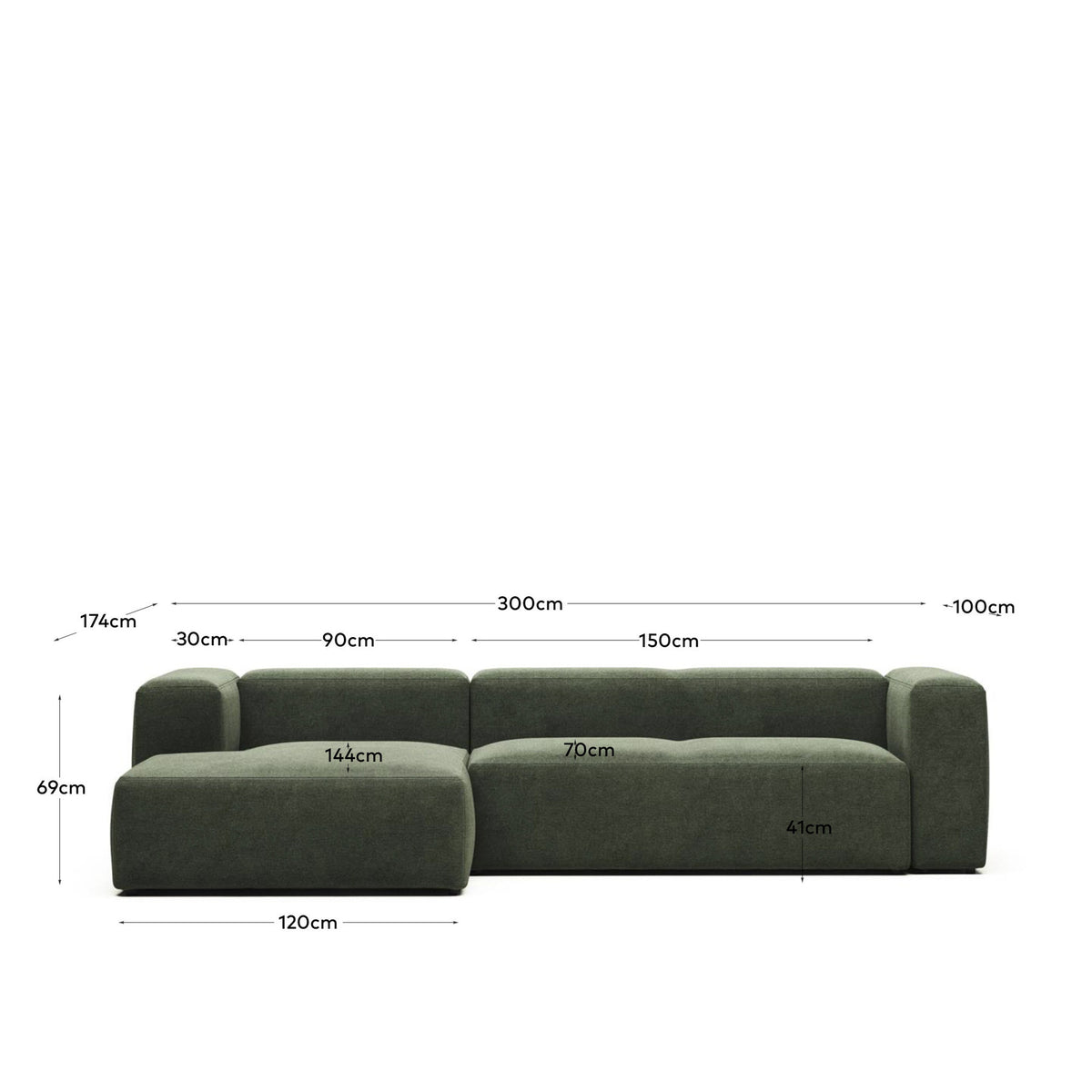3-Sitzer-Sofa Blok mit Chaiselongue links, schwer entflammbar mit grüner Chenille, 300 cm in Grün präsentiert im Onlineshop von KAQTU Design AG. 3er Sofa ist von Kave Home