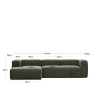 divano a 3 posti <tc>Blok</tc> con chais<tc>elo</tc>maglie in lingua, ignifughe con ciniglia verde, 300 cm
