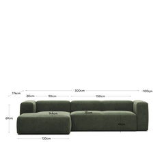 divano a 3 posti <tc>Blok</tc> con chais<tc>elo</tc>maglie in lingua, ignifughe con ciniglia verde, 300 cm