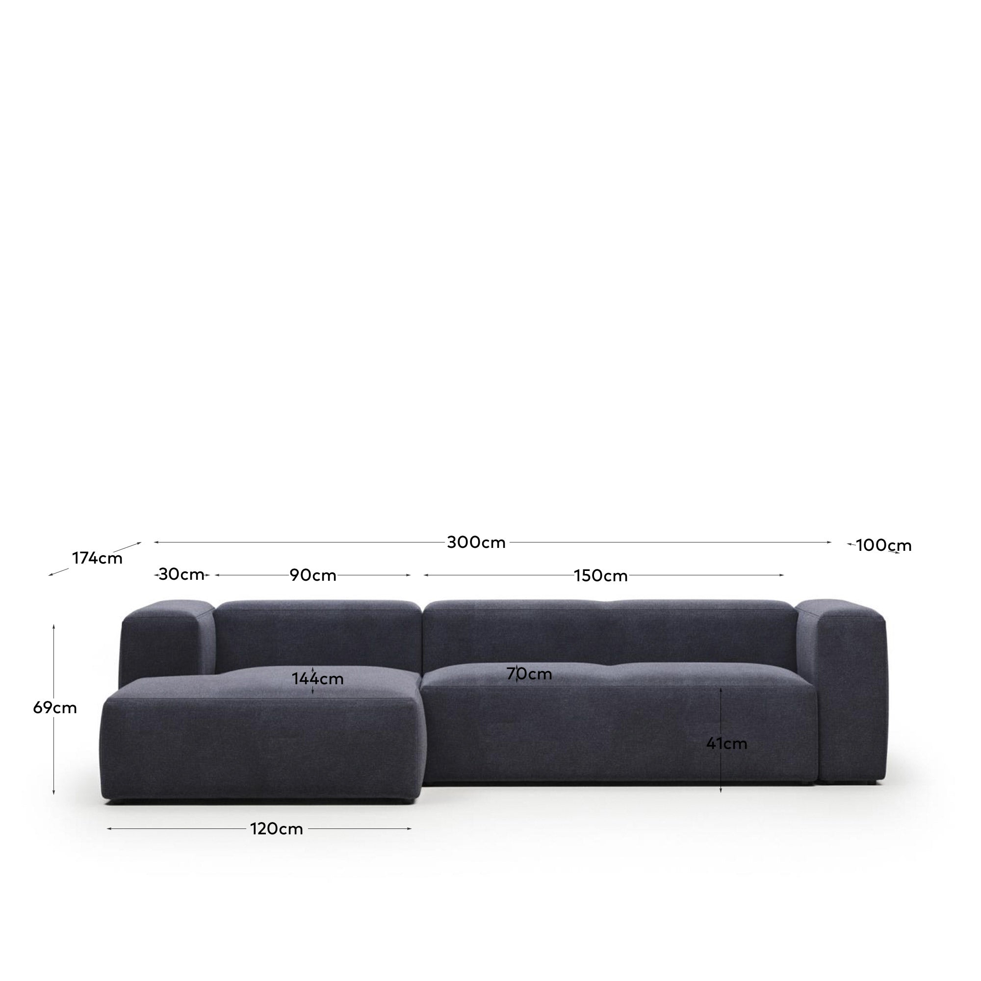3-Sitzer-Sofa Blok mit Chaiselongue links, schwer entflammbar mit blauer Chenille, 300 cm in Blau präsentiert im Onlineshop von KAQTU Design AG. 3er Sofa ist von Kave Home