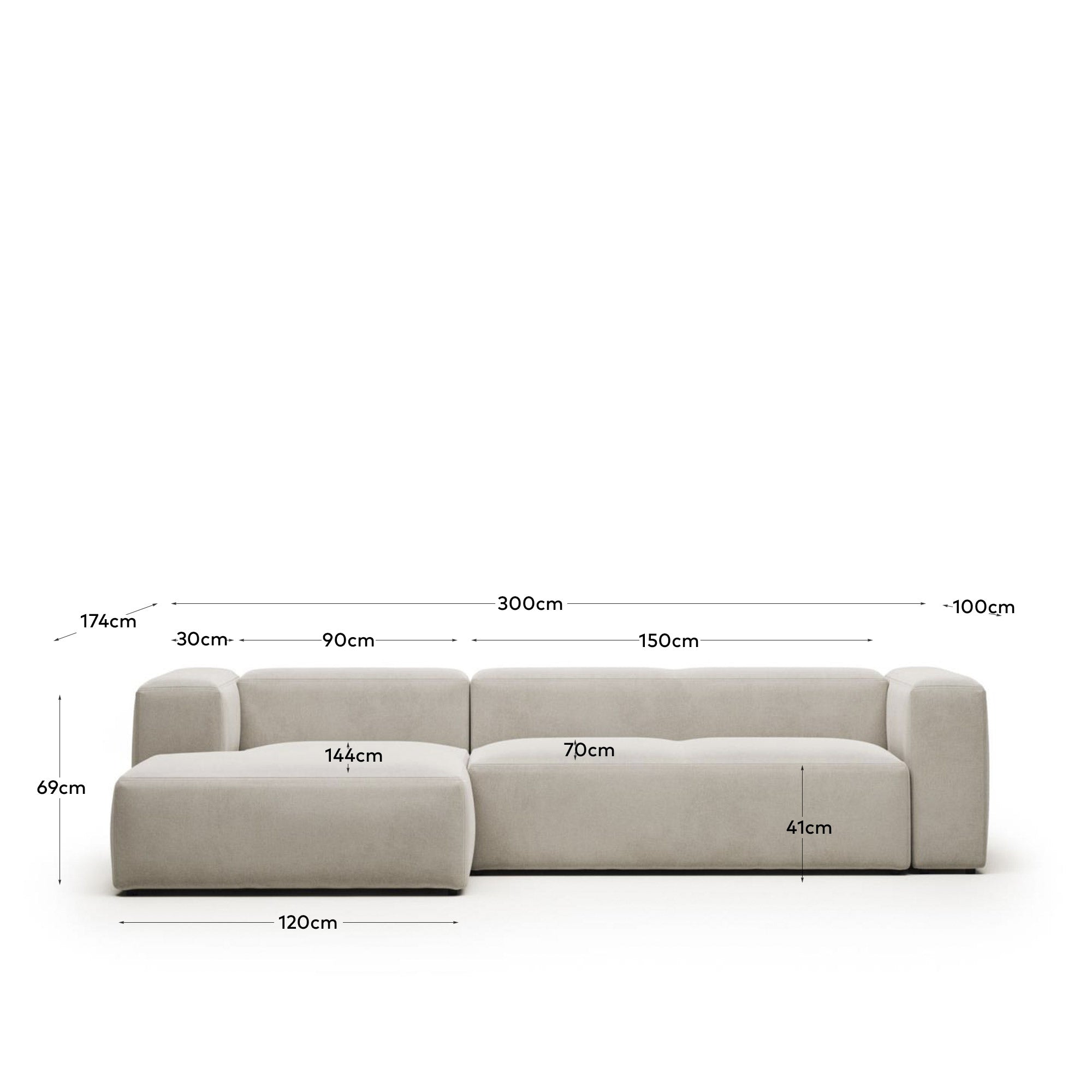 3-Sitzer-Sofa Blok mit Chaiselongue links, schwer entflammbar mit weisser Chenille, 300 cm in Grau präsentiert im Onlineshop von KAQTU Design AG. 3er Sofa ist von Kave Home