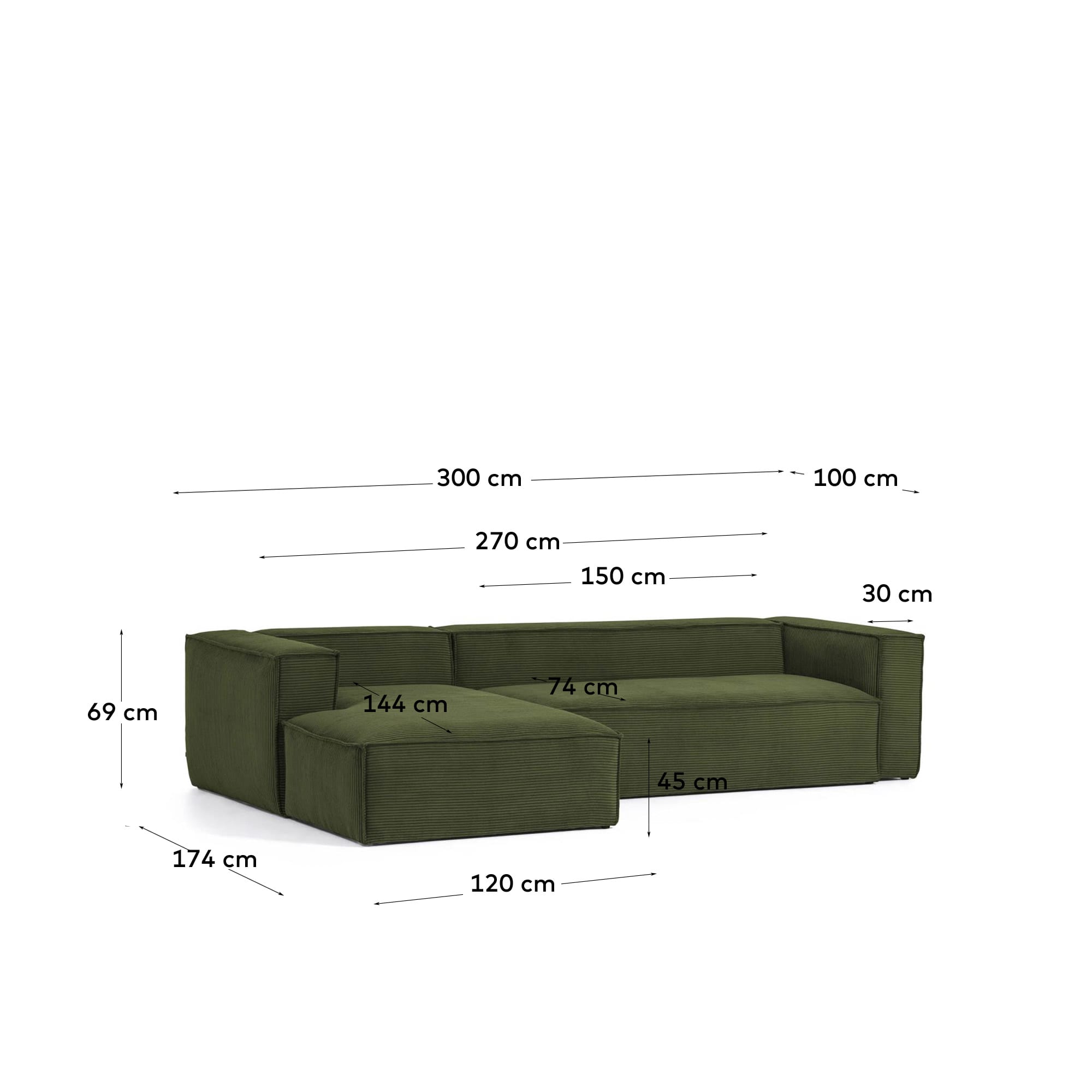 Elegantes 3-Sitzer-Sofa in grünem Cord mit linker Chaiselongue, 300 cm breit, FSC-zertifiziert, für stilvollen Komfort.