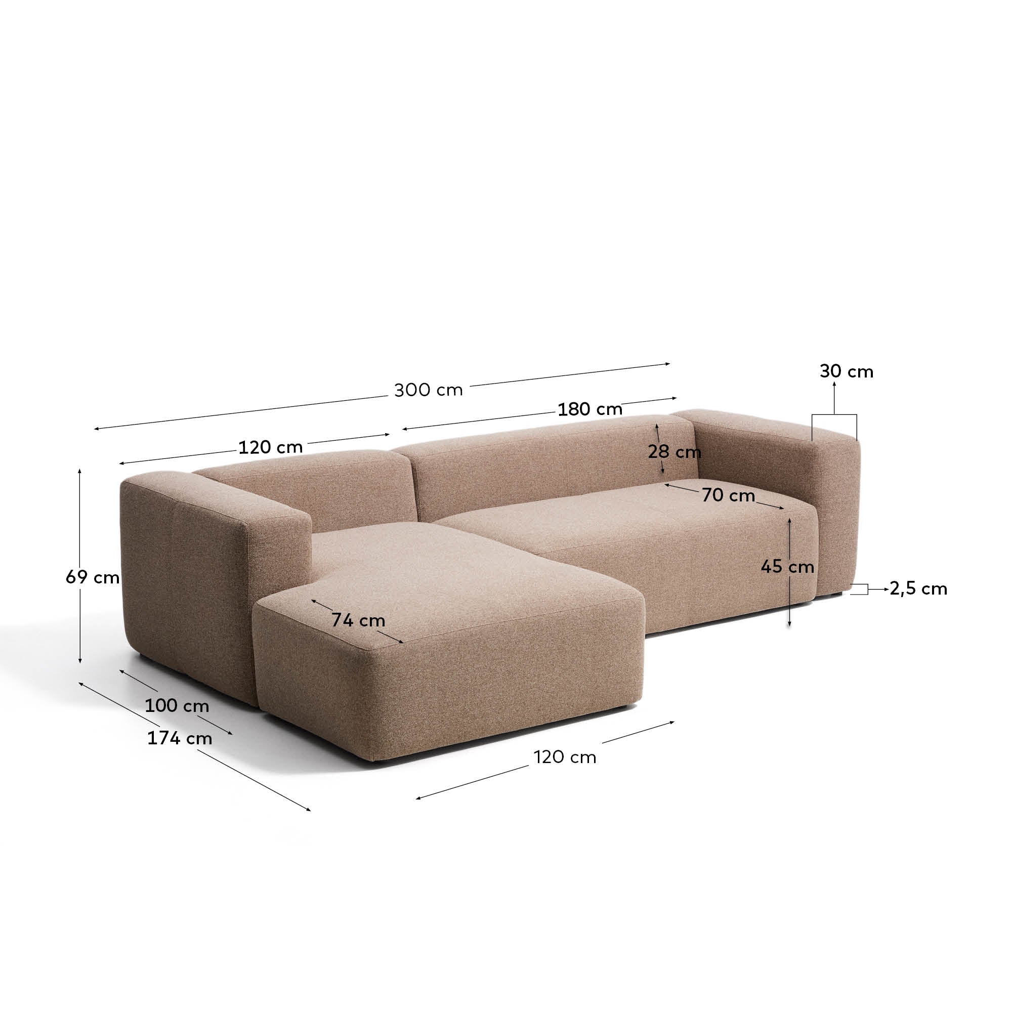 3-Sitzer-Sofa Blok mit Chaiselongue links in brauner Chenille, 300 cm, FSC Mix Credit in Taupe präsentiert im Onlineshop von KAQTU Design AG. L-Sofa links ist von Kave Home