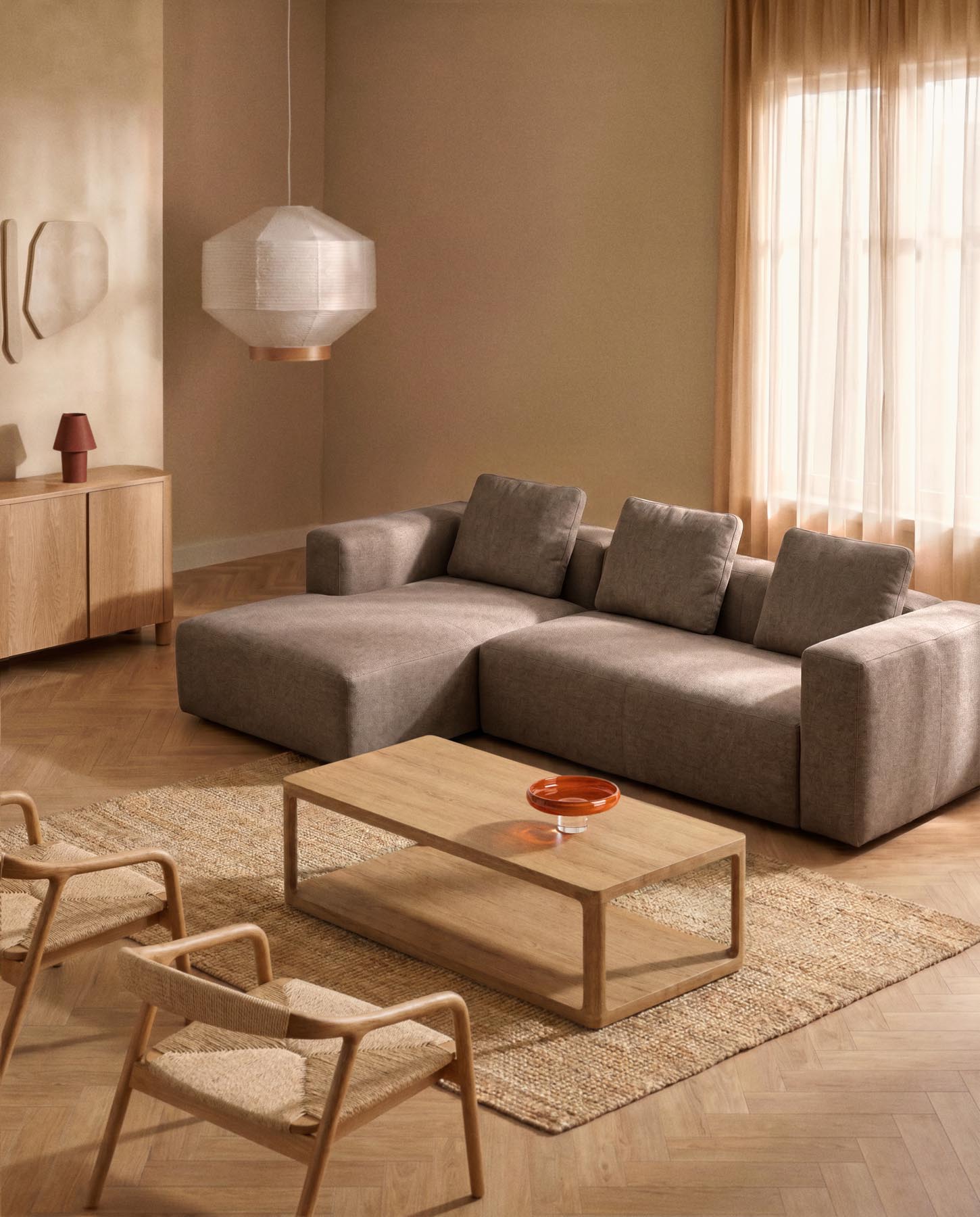 3-Sitzer-Sofa Blok mit Chaiselongue links in brauner Chenille, 300 cm, FSC Mix Credit in Taupe präsentiert im Onlineshop von KAQTU Design AG. L-Sofa links ist von Kave Home