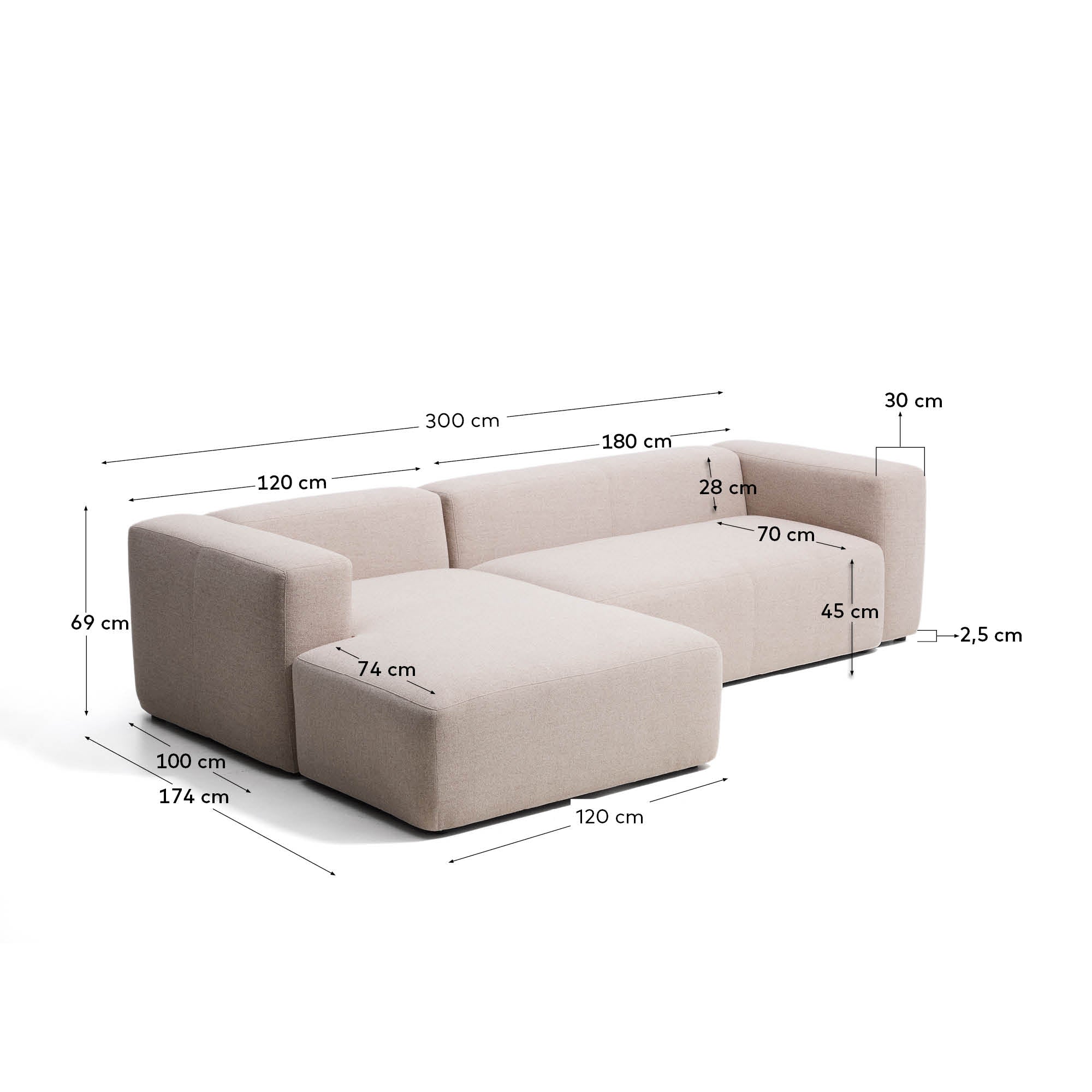 3-Sitzer-Sofa Blok mit Chaiselongue links in beiger Chenille, 300 cm, FSC Mix Credit in Beige präsentiert im Onlineshop von KAQTU Design AG. L-Sofa links ist von Kave Home