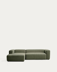 divano a 3 posti <tc>Blok</tc> con chais<tc>elo</tc>Lingua a sinistra in ciniglia verde muschio, 300 cm, FSC Mix Credit