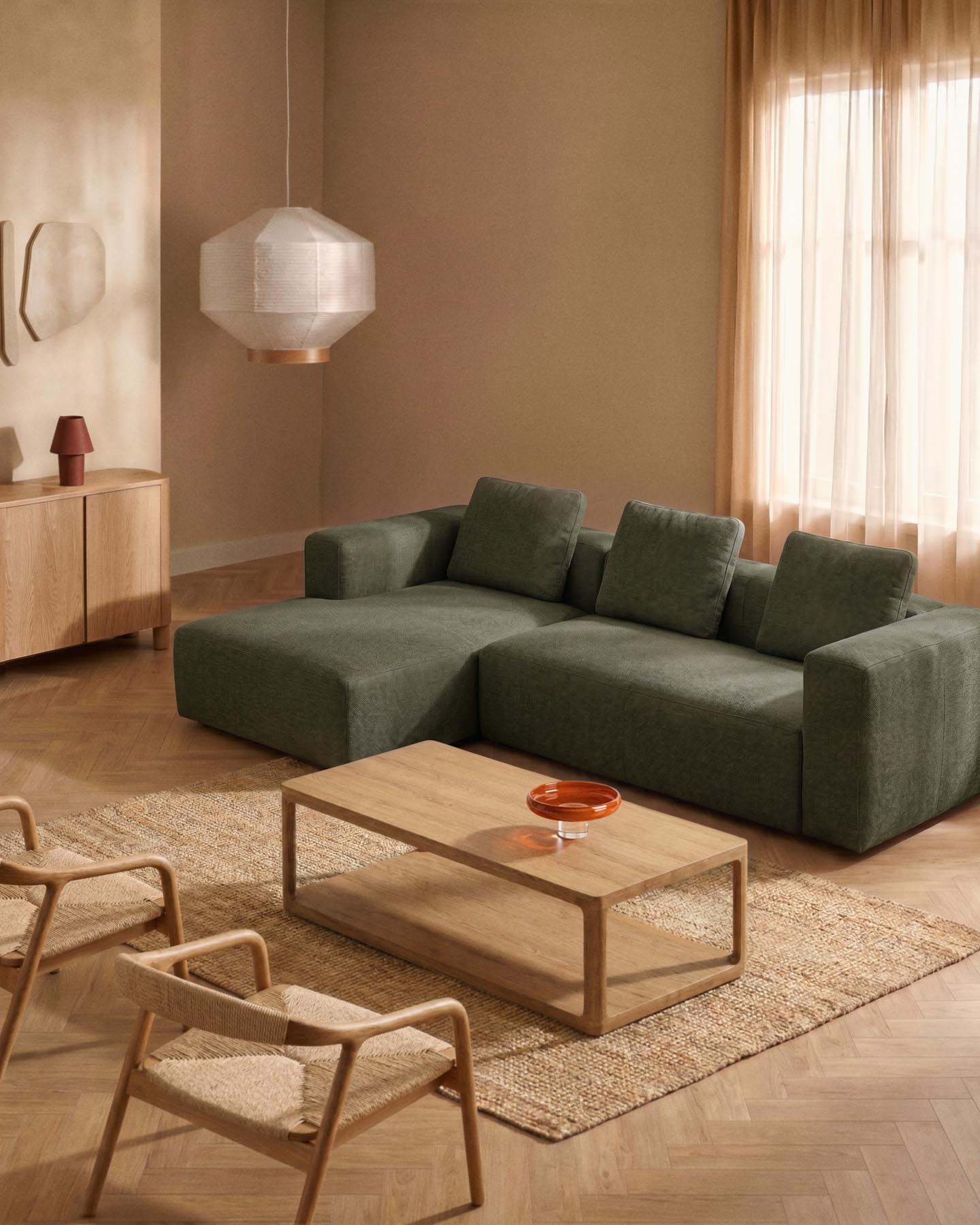 3-Sitzer-Sofa Blok mit Chaiselongue links in moosgrüner Chenille, 300 cm, FSC Mix Credit in Dunkelgrün präsentiert im Onlineshop von KAQTU Design AG. L-Sofa links ist von Kave Home