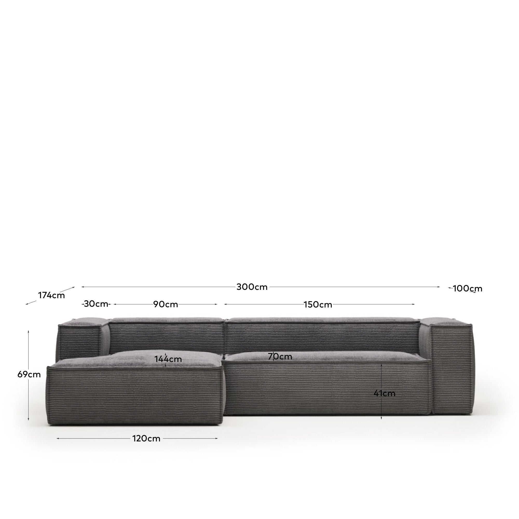 3-Sitzer-Sofa Blok mit Chaiselongue links, schwer entflammbar mit dickem, grauem Cord, 300 cm in Grau präsentiert im Onlineshop von KAQTU Design AG. 3er Sofa ist von Kave Home