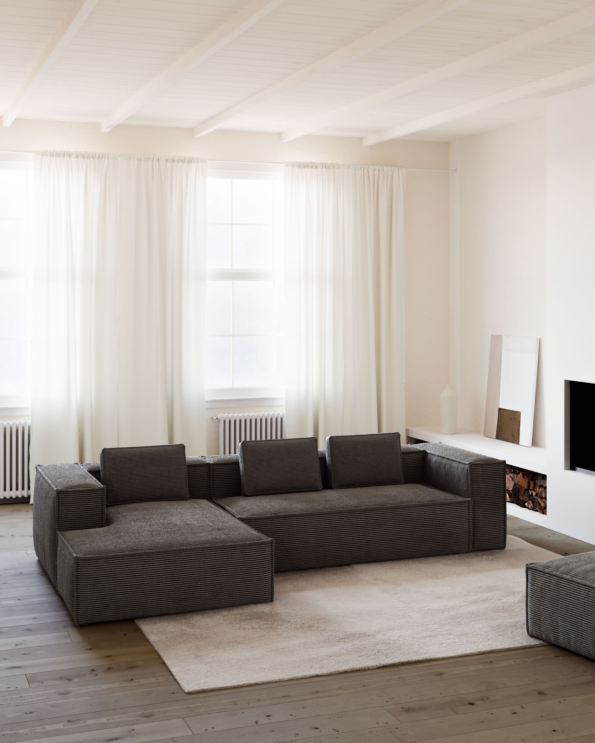 3-Sitzer-Sofa Blok mit Chaiselongue links, schwer entflammbar mit dickem, grauem Cord, 300 cm in Grau präsentiert im Onlineshop von KAQTU Design AG. 3er Sofa ist von Kave Home