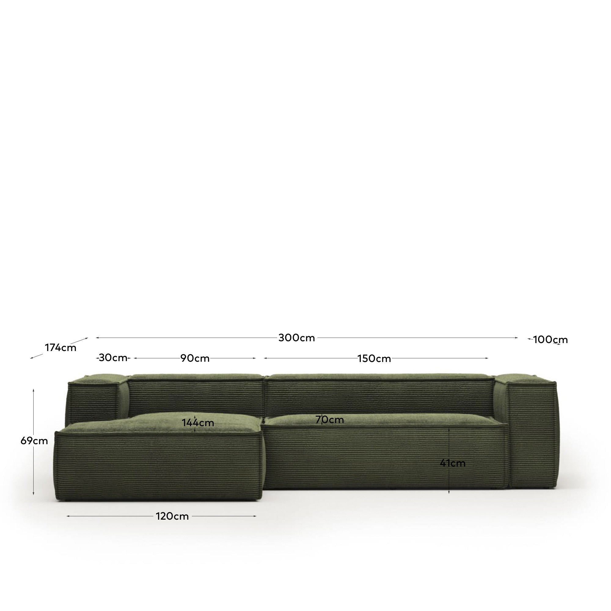 3-Sitzer-Sofa Blok mit Chaiselongue links, schwer entflammbar mit dickem, grünen Cord, 300 cm, FSC Mix Credit in Grün präsentiert im Onlineshop von KAQTU Design AG. 3er Sofa ist von Kave Home