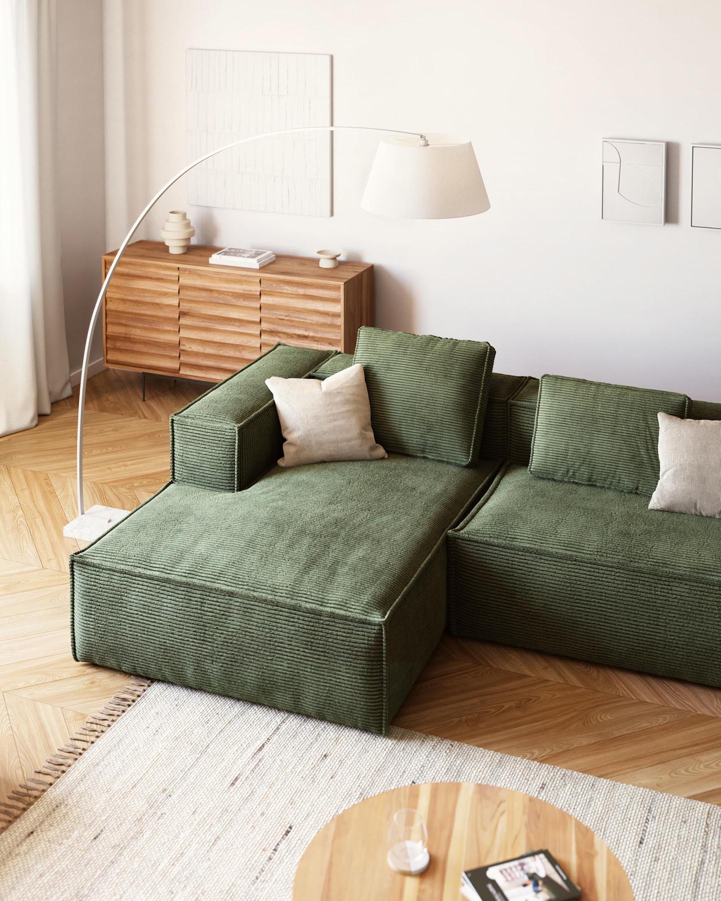 3-Sitzer-Sofa Blok mit Chaiselongue links, schwer entflammbar mit dickem, grünen Cord, 300 cm, FSC Mix Credit in Grün präsentiert im Onlineshop von KAQTU Design AG. 3er Sofa ist von Kave Home