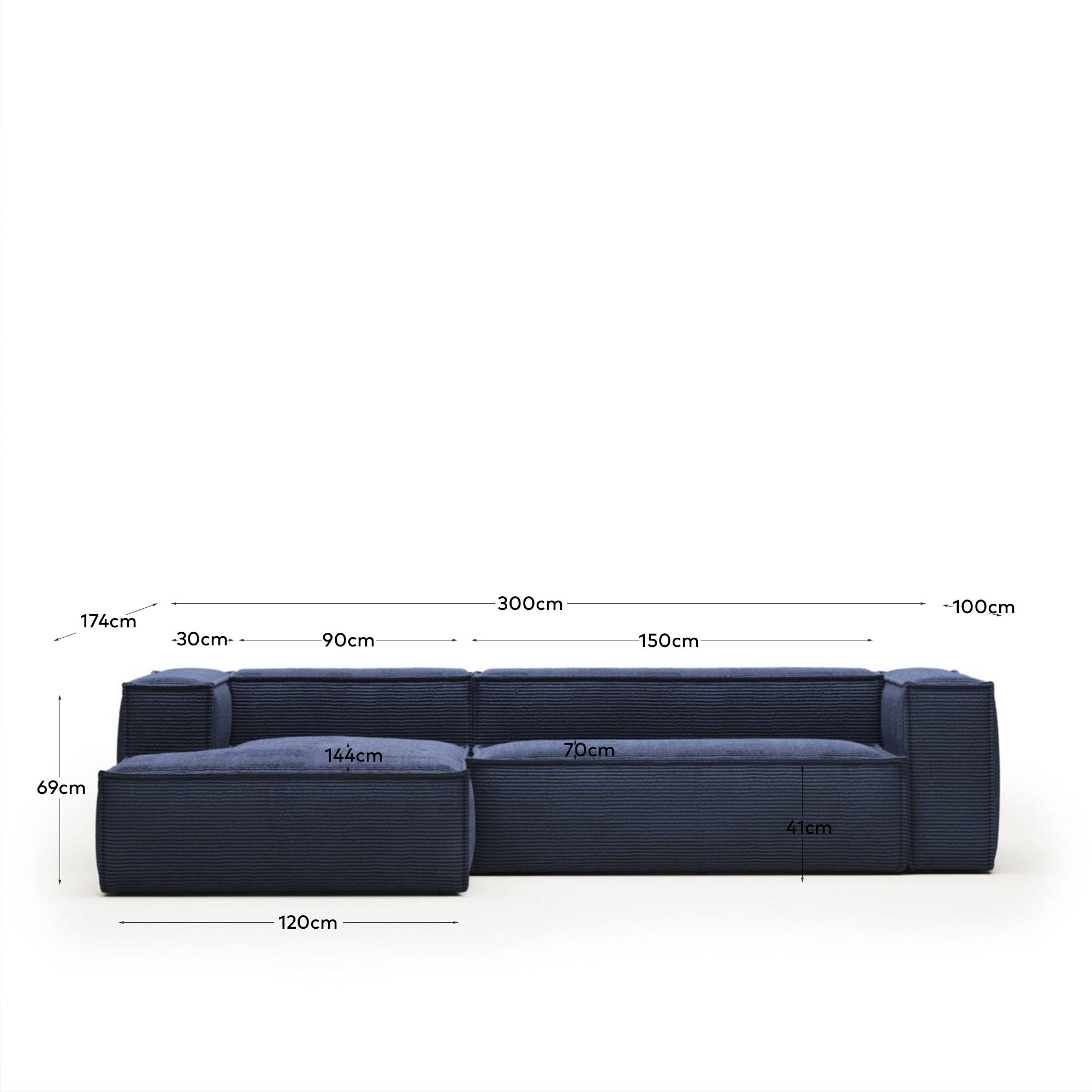 3-Sitzer-Sofa Blok mit Chaiselongue links, schwer entflammbar mit dickem, blauem Cord, 300 cm, FSC Mix Credit in Blau präsentiert im Onlineshop von KAQTU Design AG. 3er Sofa ist von Kave Home
