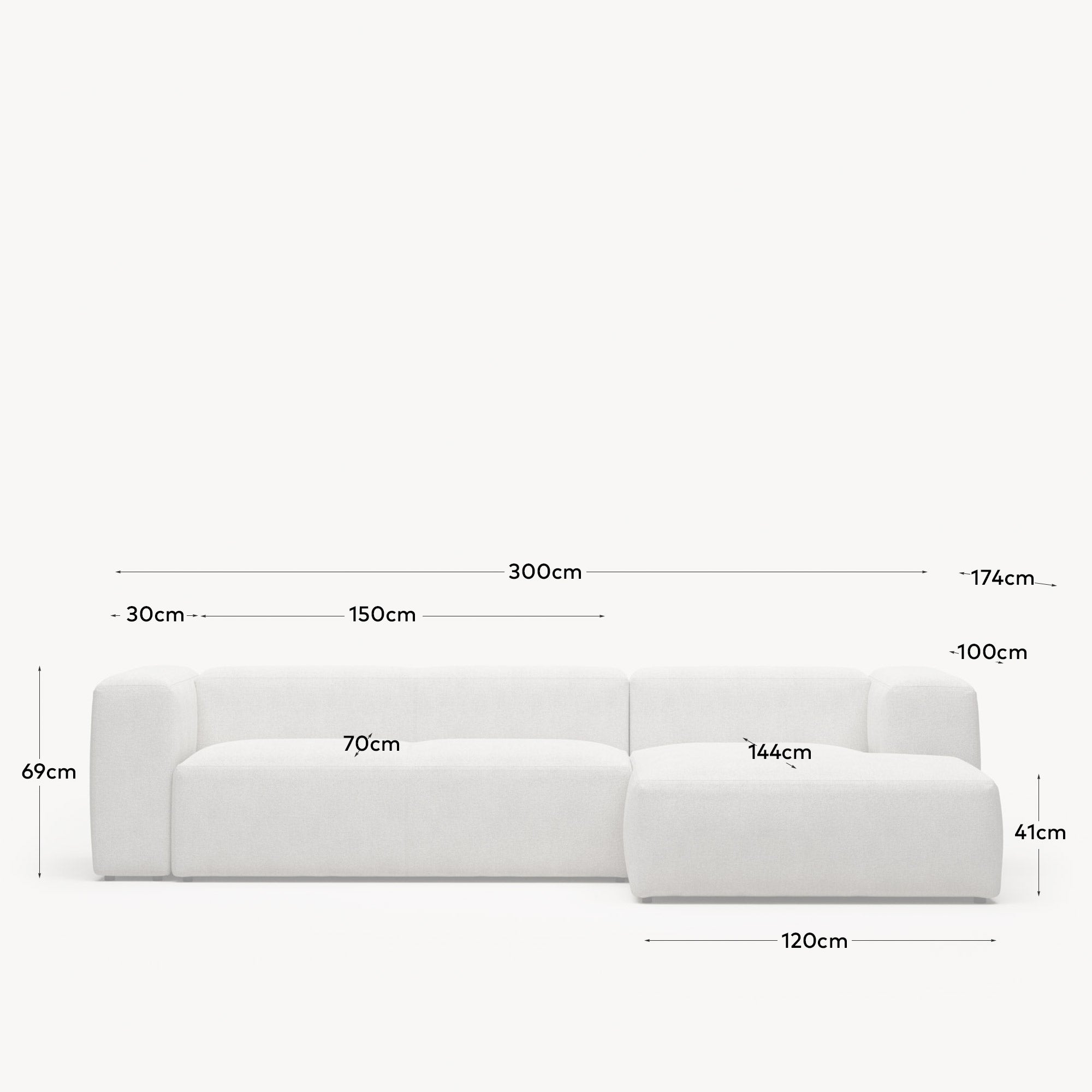 3-Sitzer-Sofa Blok mit Chaiselongue rechts, schwer entflammbar mit weissem Lammfellimitat, 300 cm, FSC Mix Credit in Grau präsentiert im Onlineshop von KAQTU Design AG. 3er Sofa ist von Kave Home
