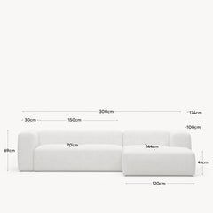 divano a 3 posti <tc>Blok</tc> con chais<tc>elo</tc>Lato destro, ignifugo con finta pelle di agnello bianca, 300 cm, FSC Mix Credit