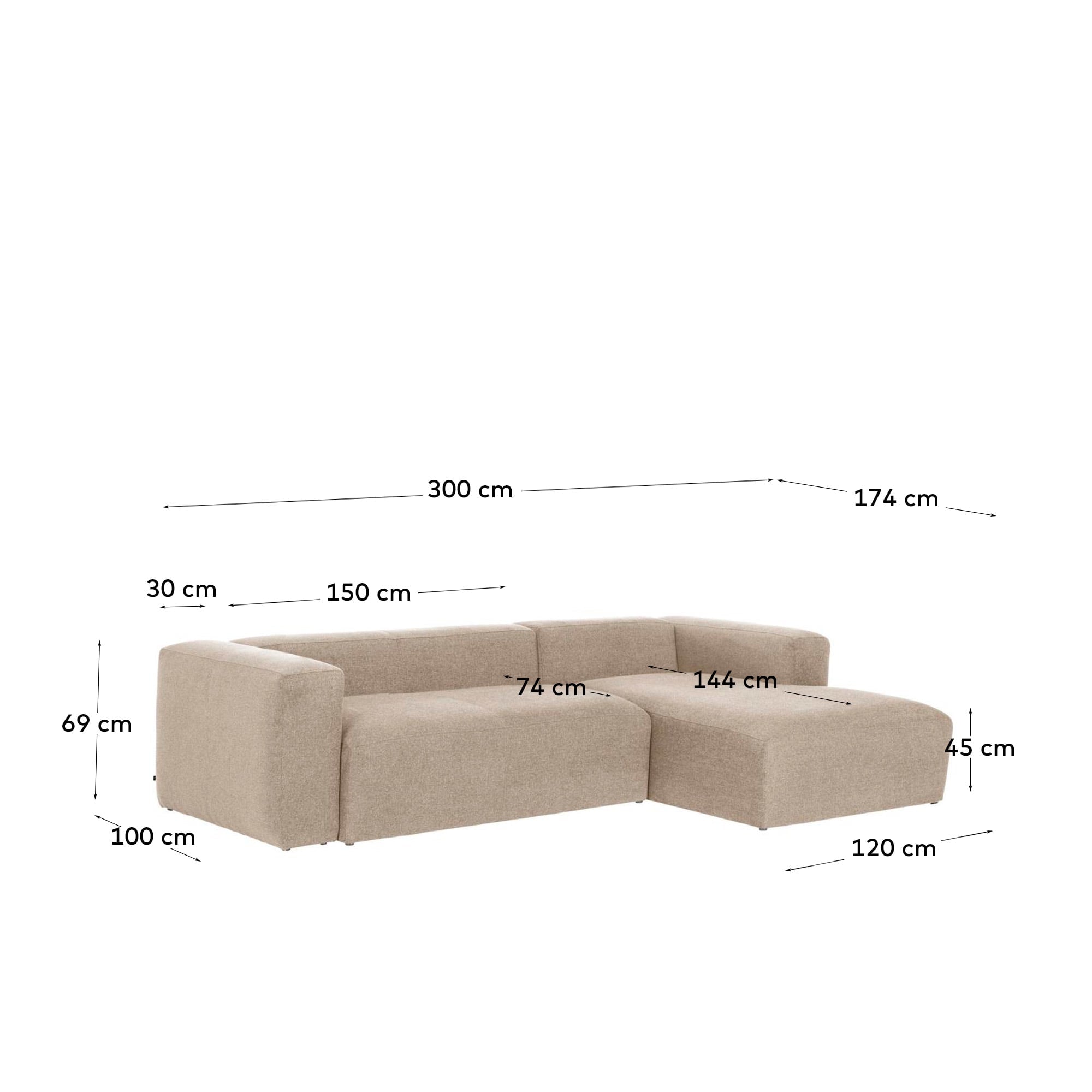 Elegantes 3-Sitzer Sofa mit rechter Chaiselongue in Beige, 300 cm breit, aus nachhaltigem Holz, ideal für stilvolle Entspannung.