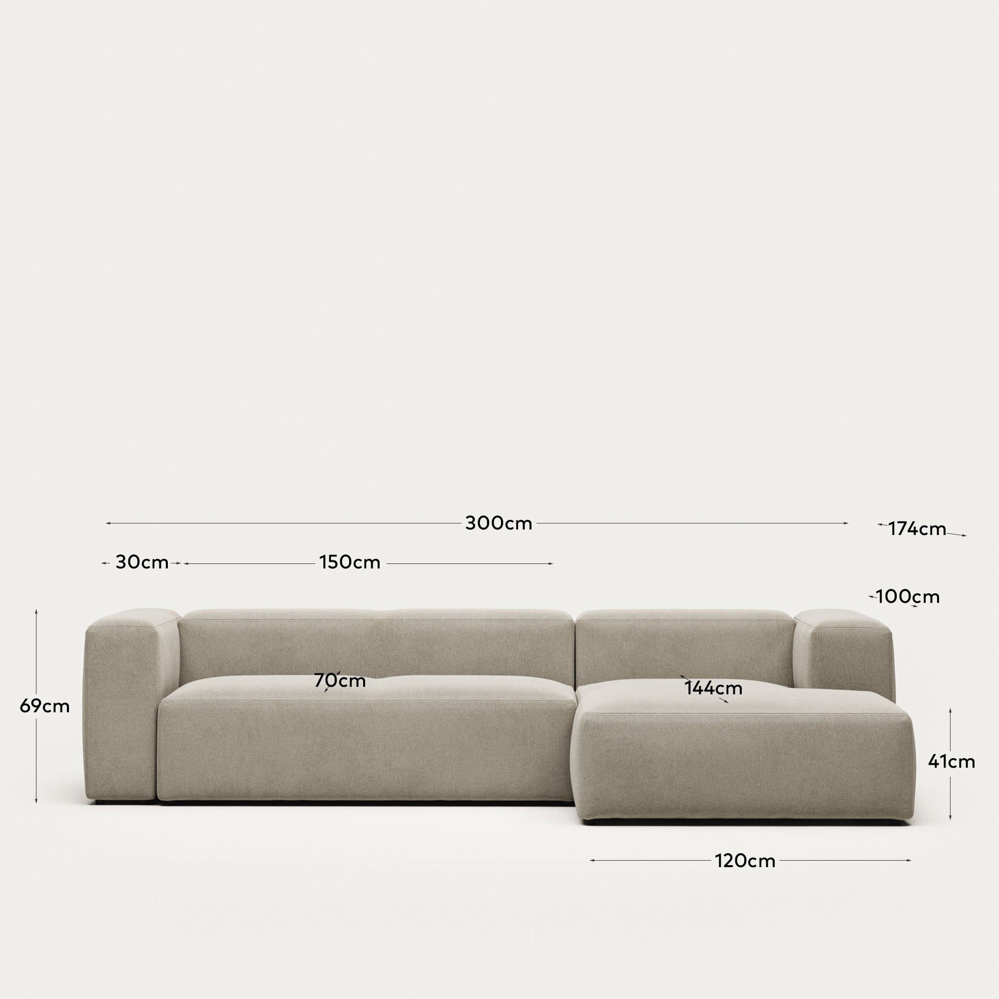 3-Sitzer-Sofa Blok mit Chaiselongue rechts, schwer entflammbar mit beiger Chenille, 300 cm in Beige präsentiert im Onlineshop von KAQTU Design AG. 3er Sofa ist von Kave Home