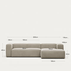 divano a 3 posti <tc>Blok</tc> con chais<tc>elo</tc>Lato destro, ignifugo con ciniglia beige, 300 cm